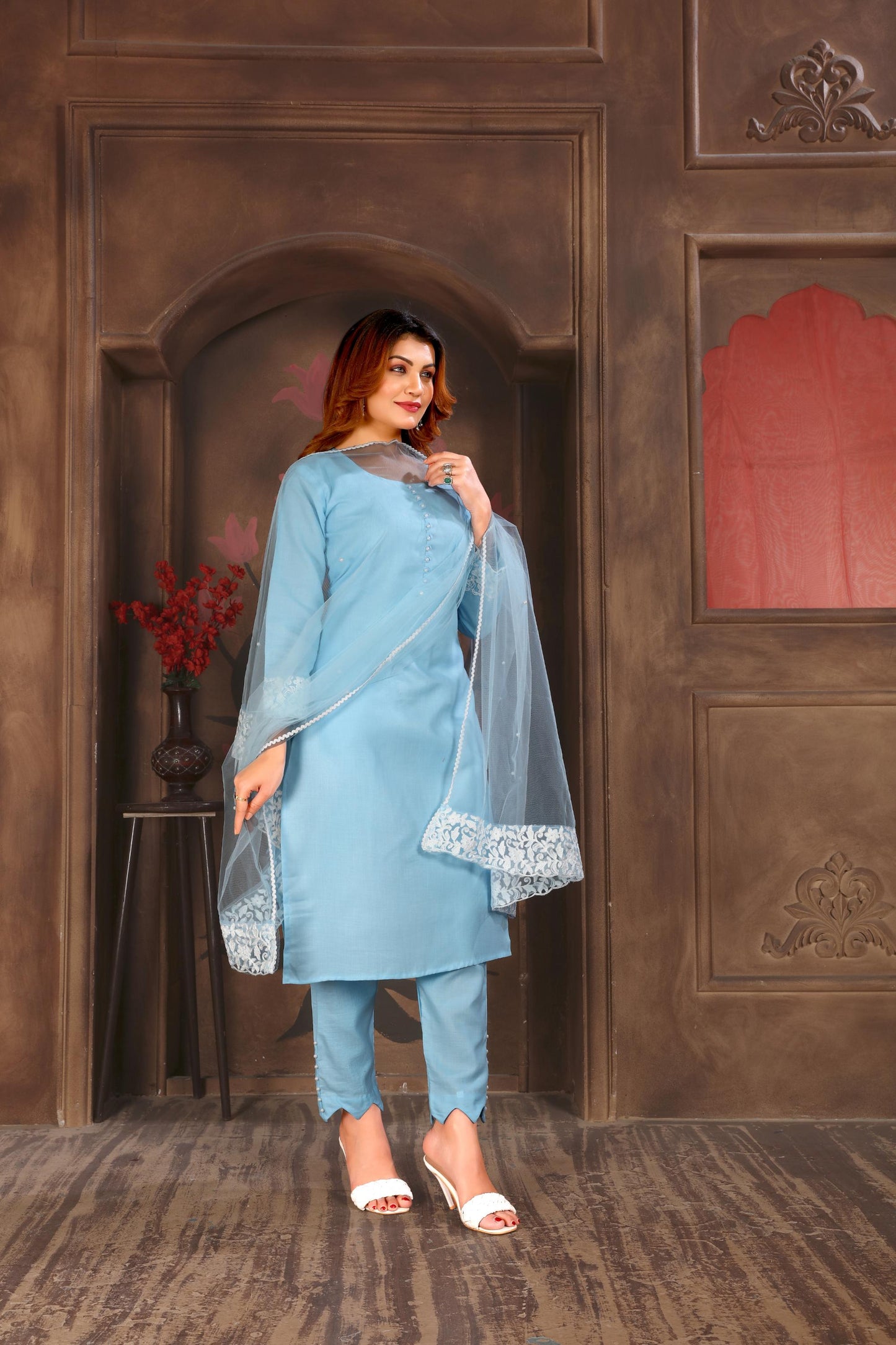 Sky Blue Resham Embroidered Cotton Kurta Set