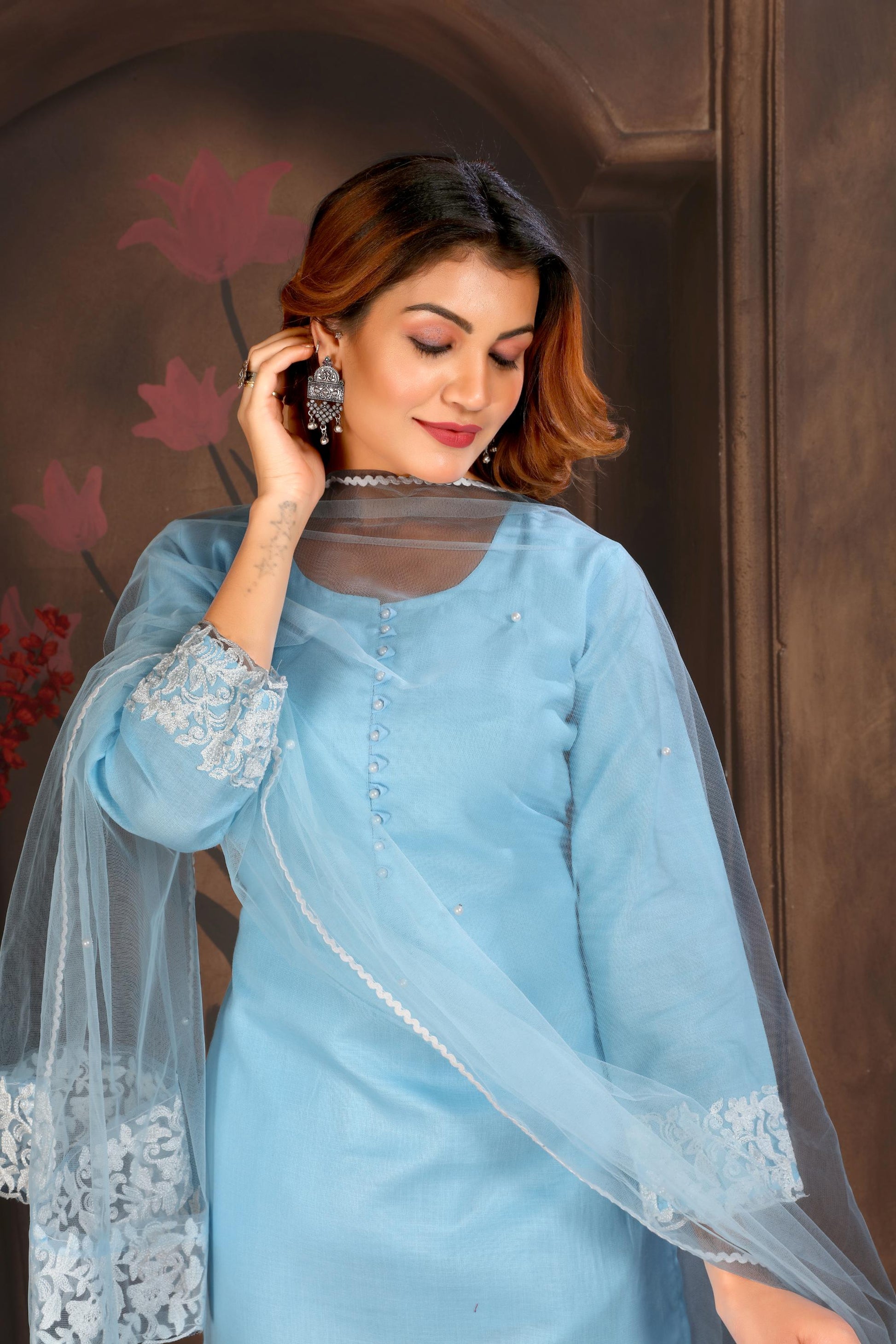 Sky Blue Resham Embroidered Cotton Kurta Set