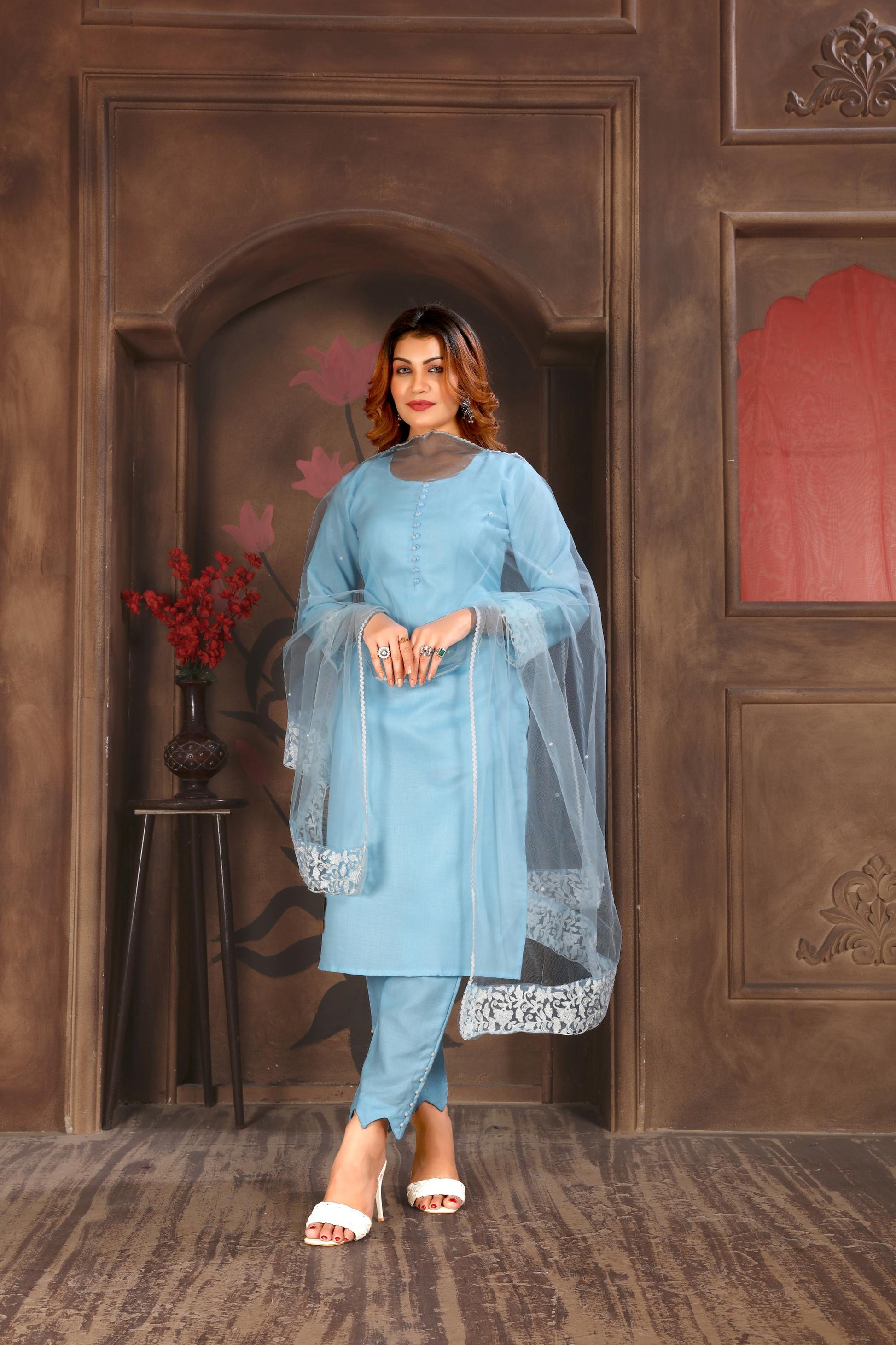 Sky Blue Resham Embroidered Cotton Kurta Set