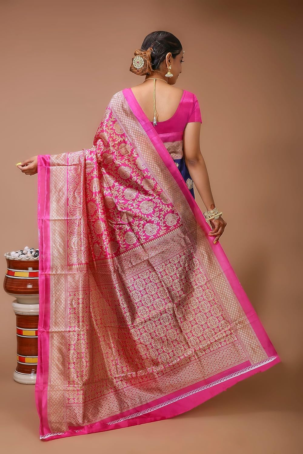 Blue Pink Silk Banarasi Saree