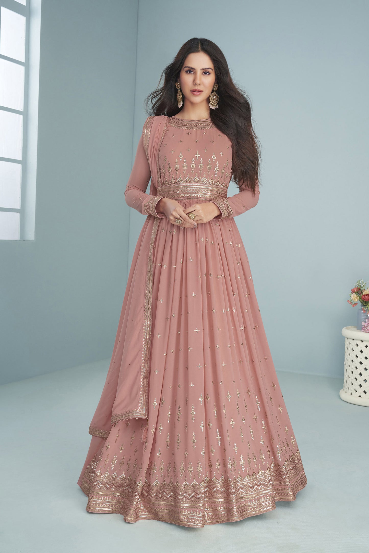 Peach Sequins embroidered Georgette Surya Anarkali