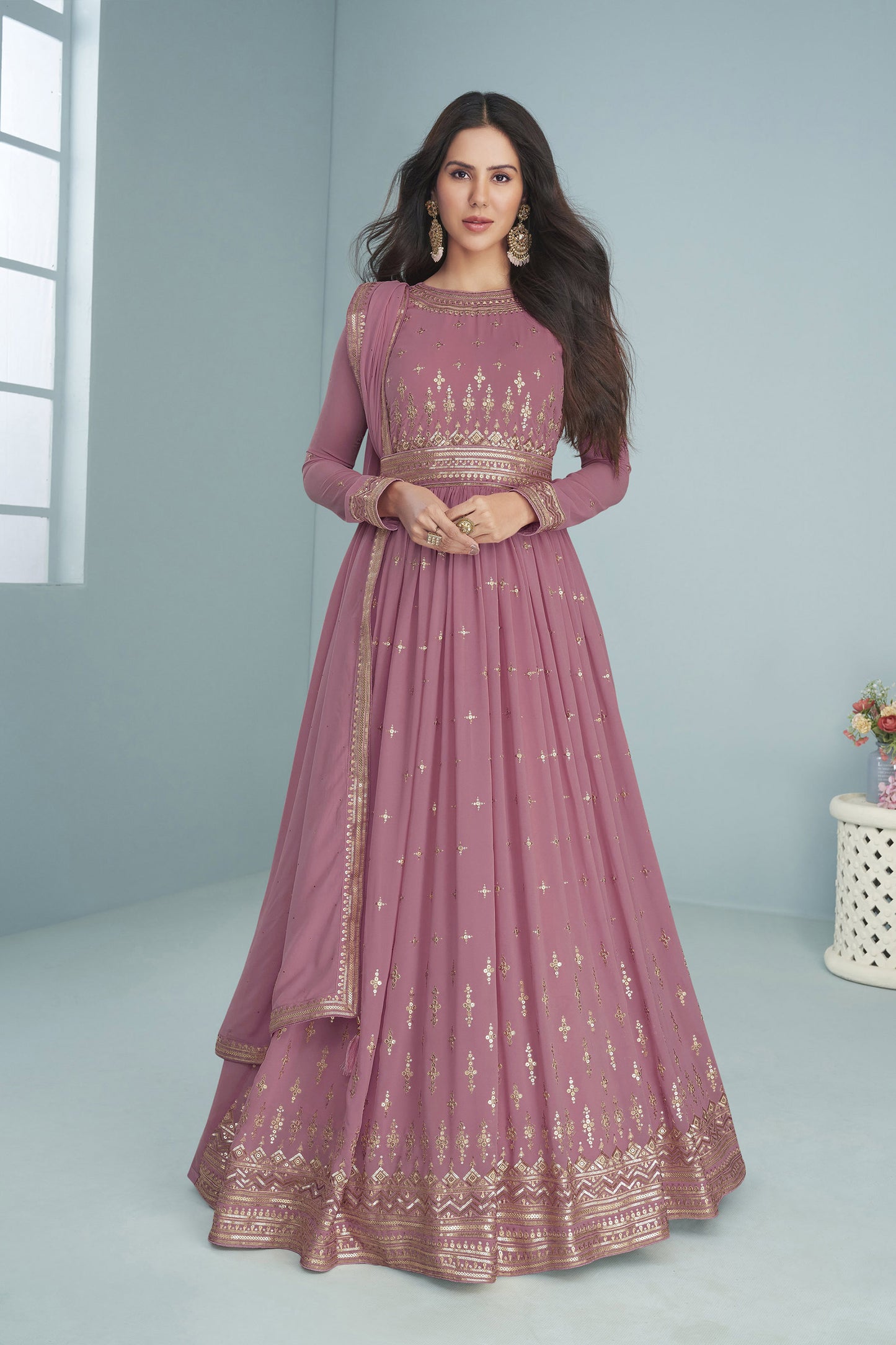 Pink Sequins embroidered Georgette Surya Anarkali