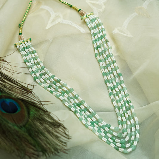 Ananya Pearl And Green Beads Five Layered Mala