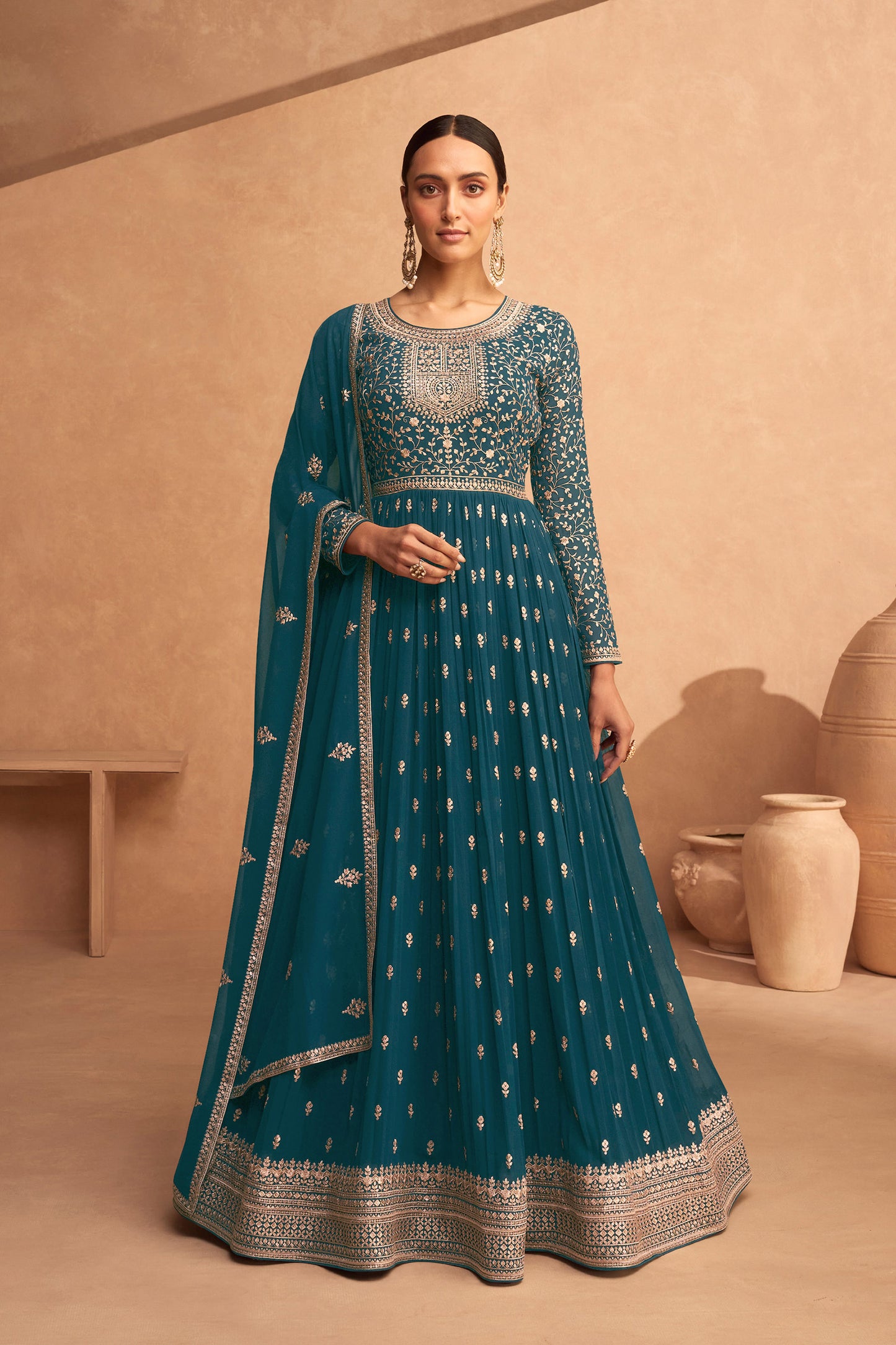 Teal blue sequins embroidered Georgette Abaya Suit