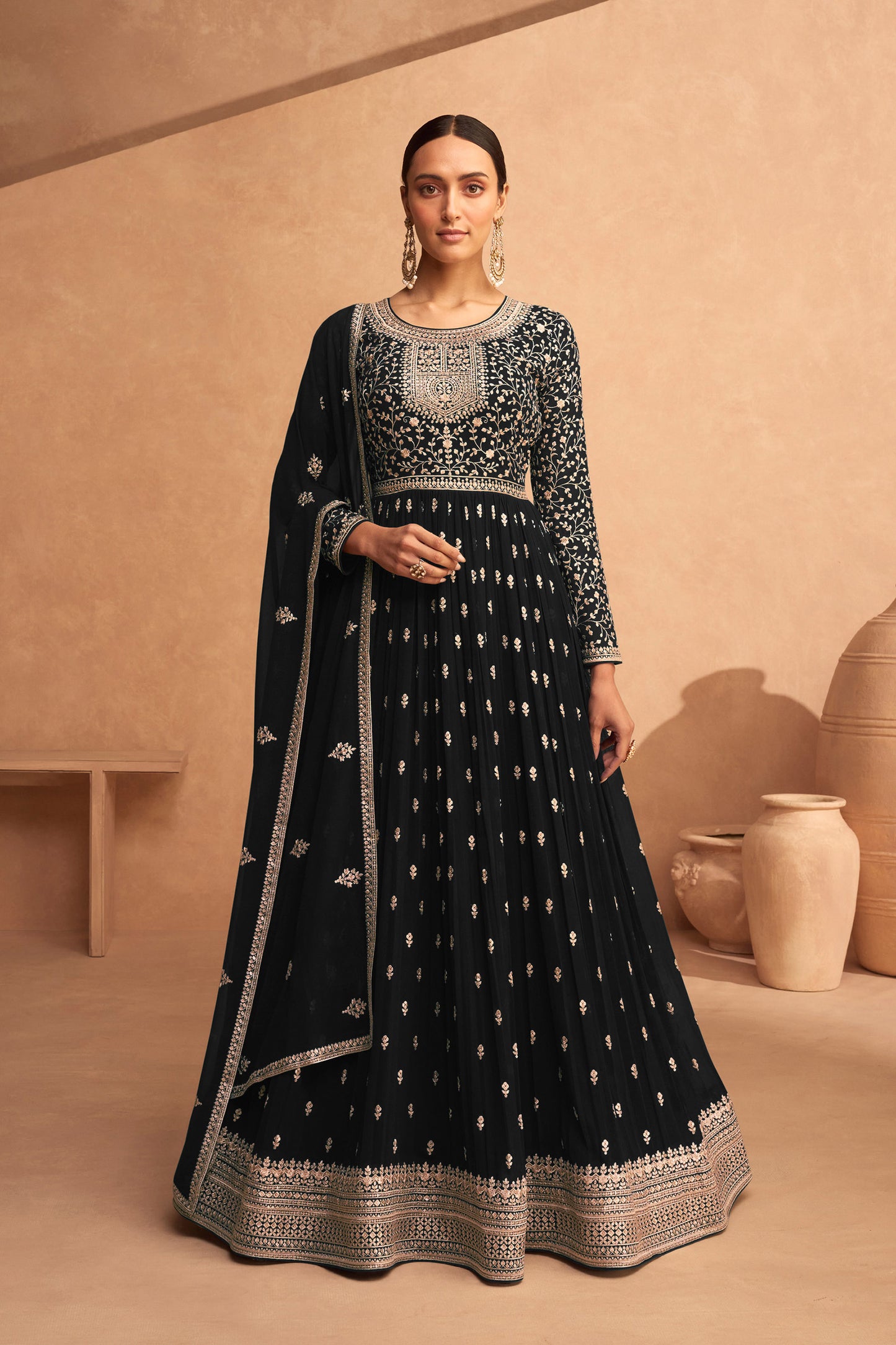 Black sequins embroidered Georgette Abaya Suit