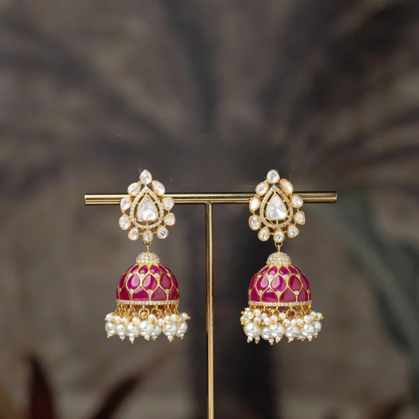 Pink and White Polki Uncut Diamonds Silver Jhumkas