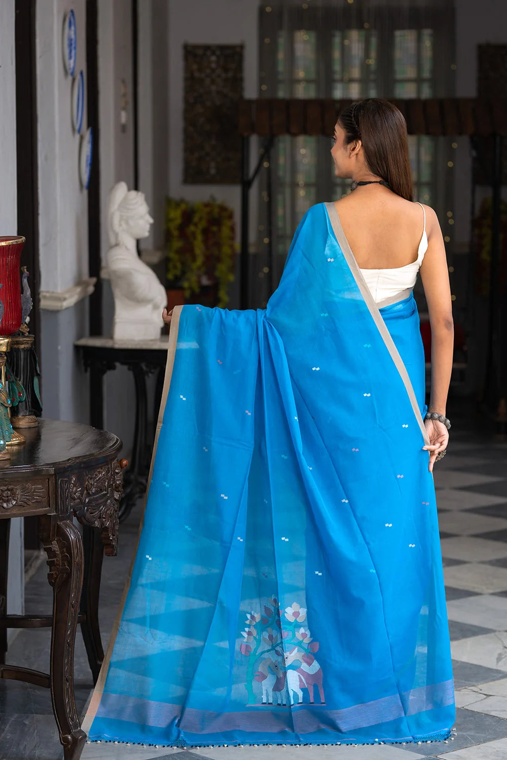 Handloom Firozi Blue Soft Cotton Jamdani Saree