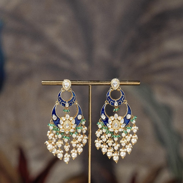 White and Blue Meenakari with Pearl Drop Silver Earrings