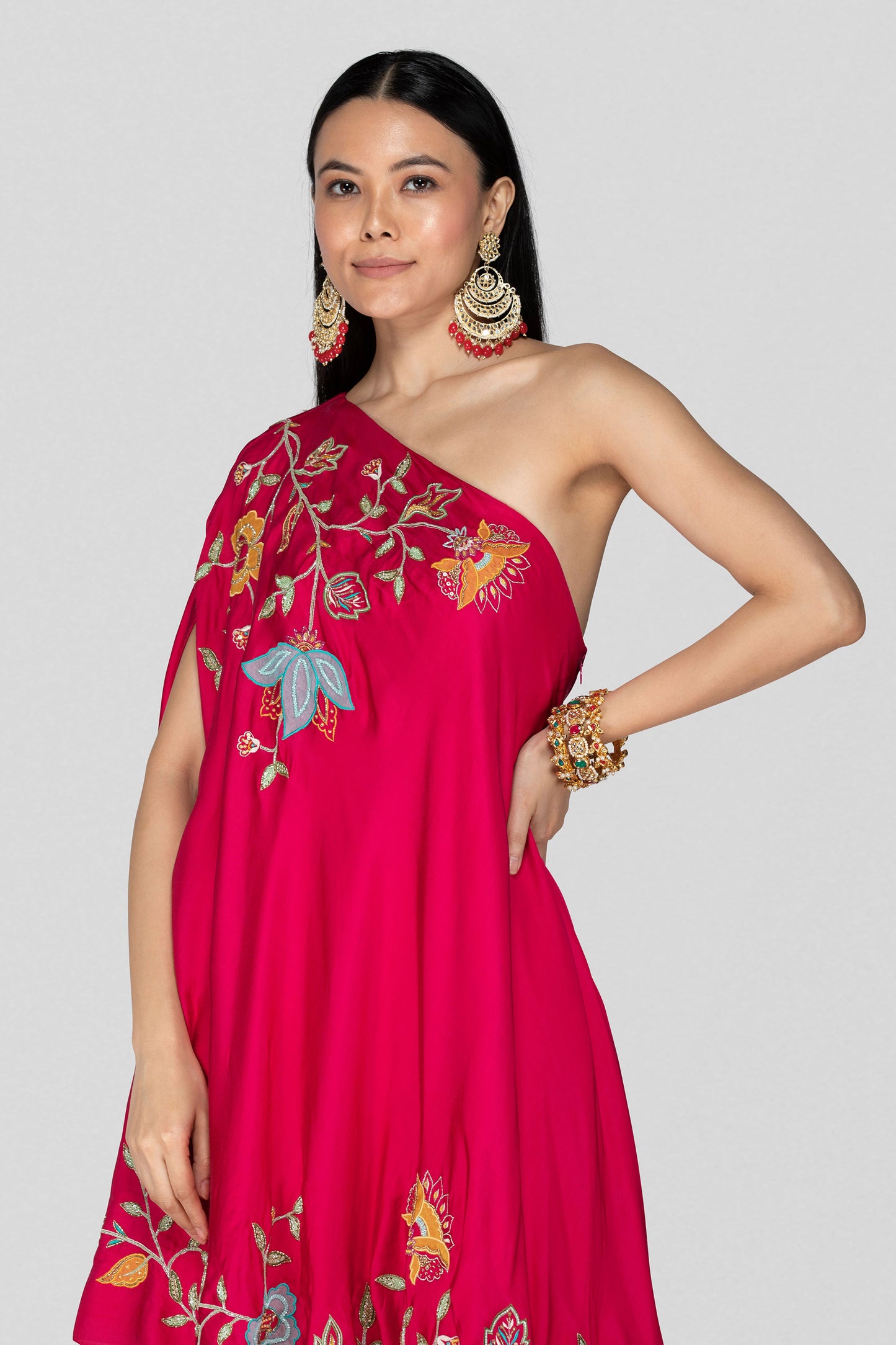 Hot Pink One Shoulder Applique Co-ord Set - Nazm