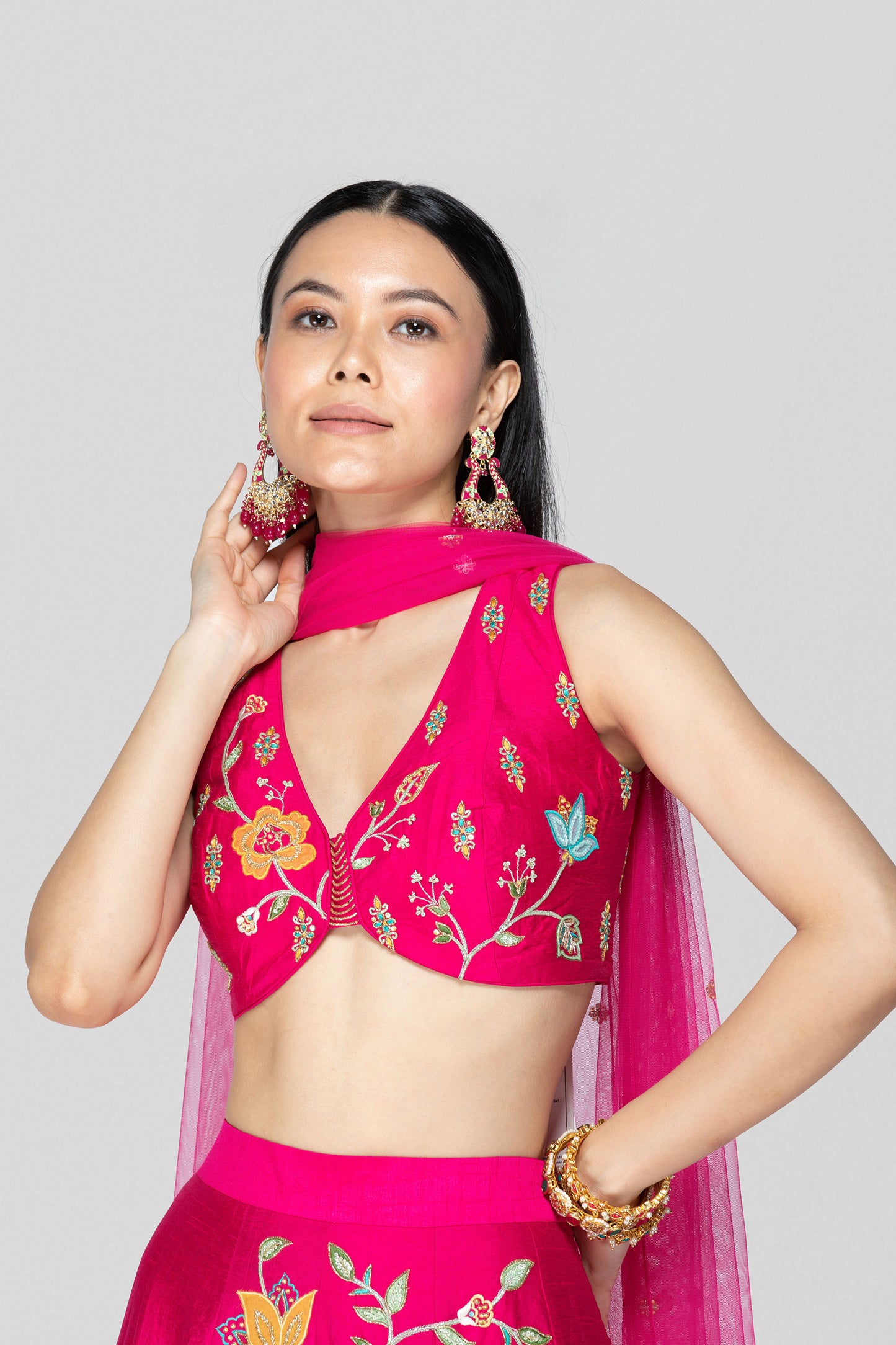 Hot Pink Applique Lehenga Set - Sanjev Marwaaha