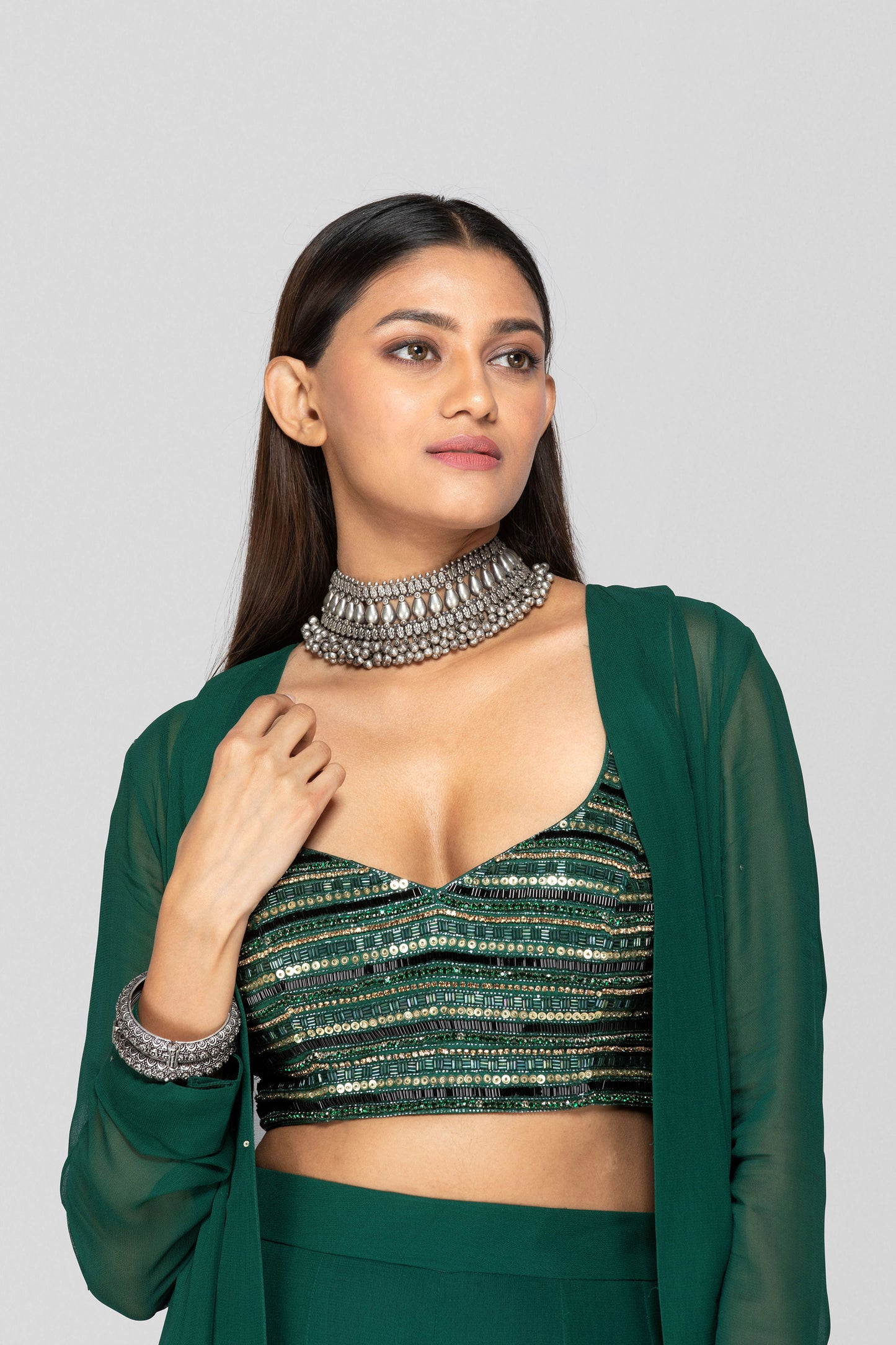 Emerald Green Embellished Sharara And Jacket Set - Nazm