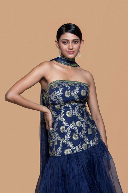 Blue Embroidered Brocade Dress With Dupatta - Sanjev Marwaaha