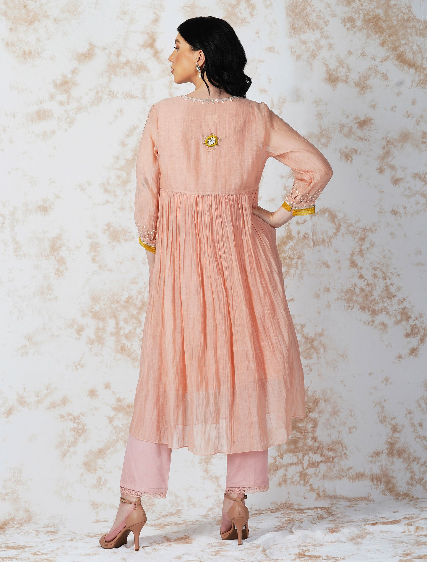 Natural Pink Baroque Flower Layered Kurta Set