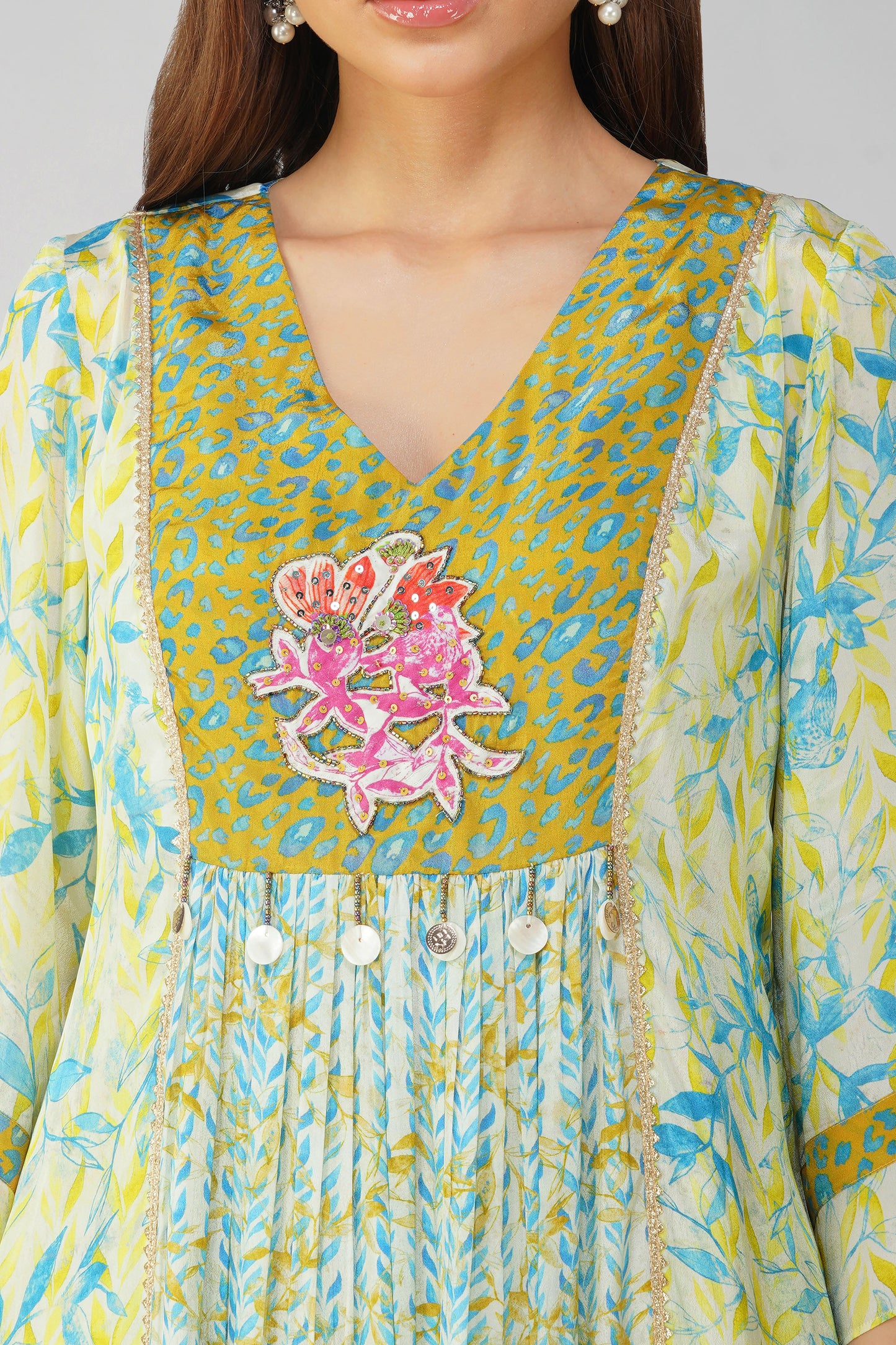 Leaf Print Panelled Yellow Tunic Set