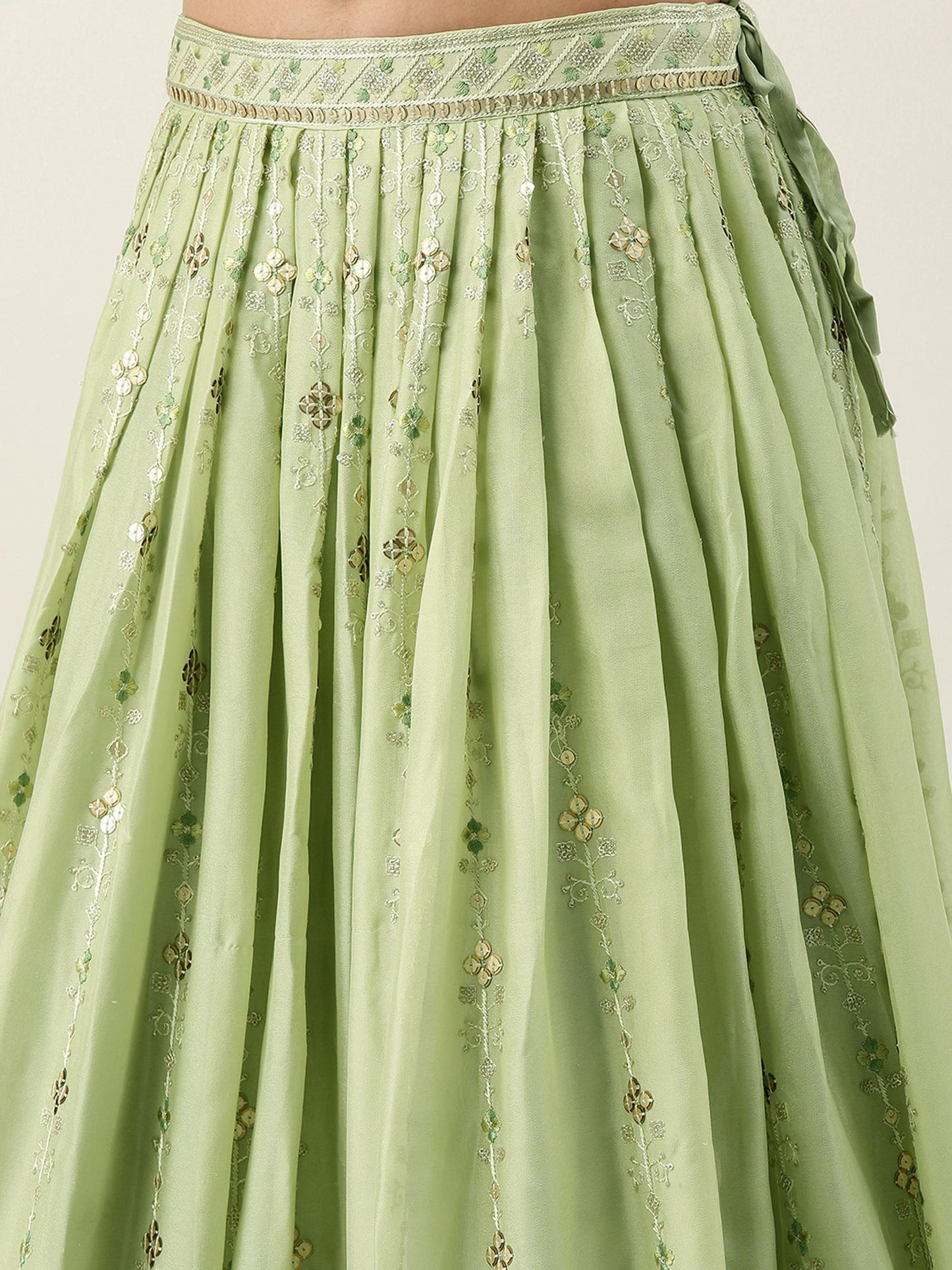 Pista Green Pure Georgette Embroidered Semi-Stitched Lehenga & Unstitched Blouse Dupatta