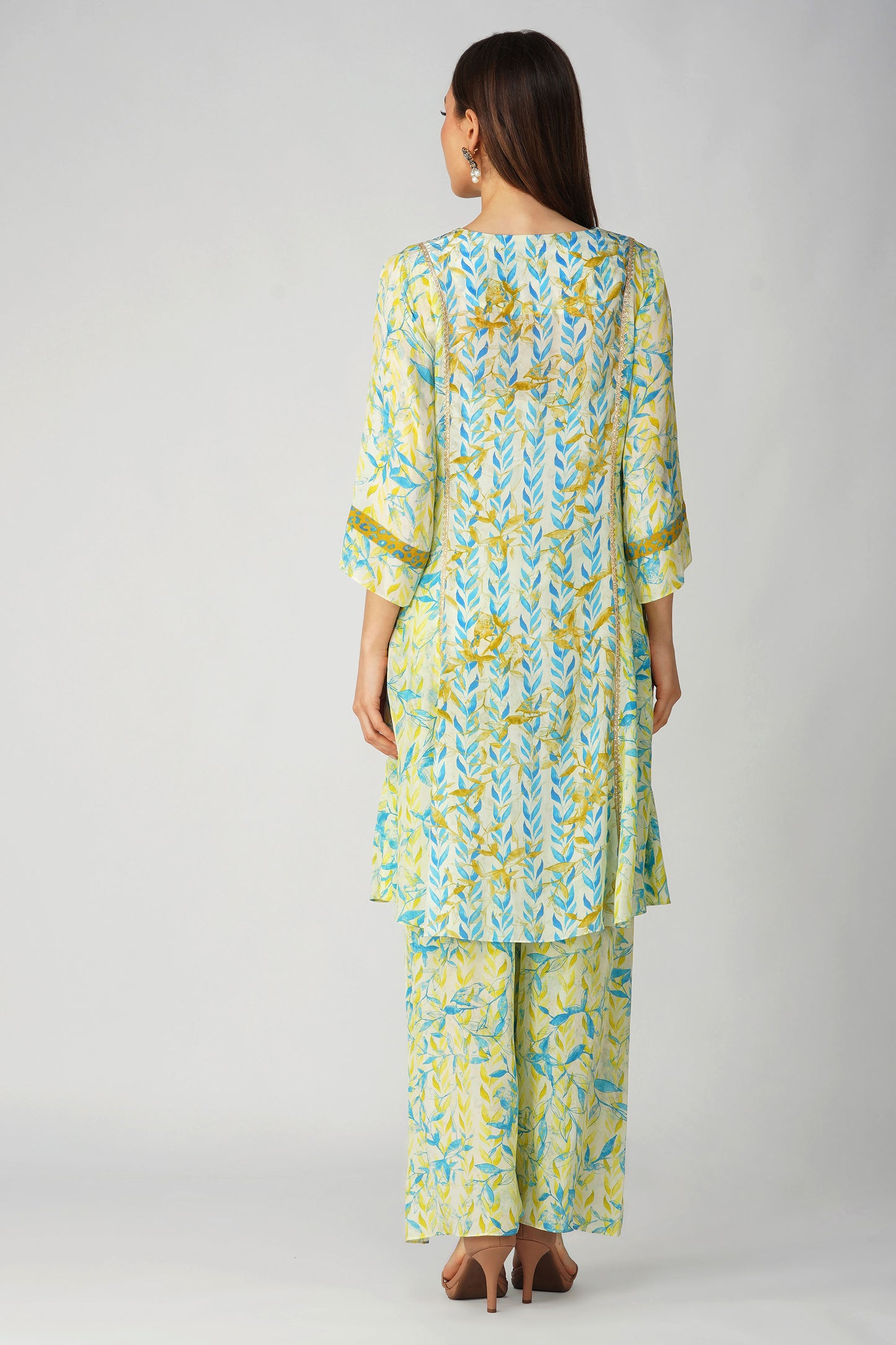 Leaf Print Panelled Yellow Tunic Set