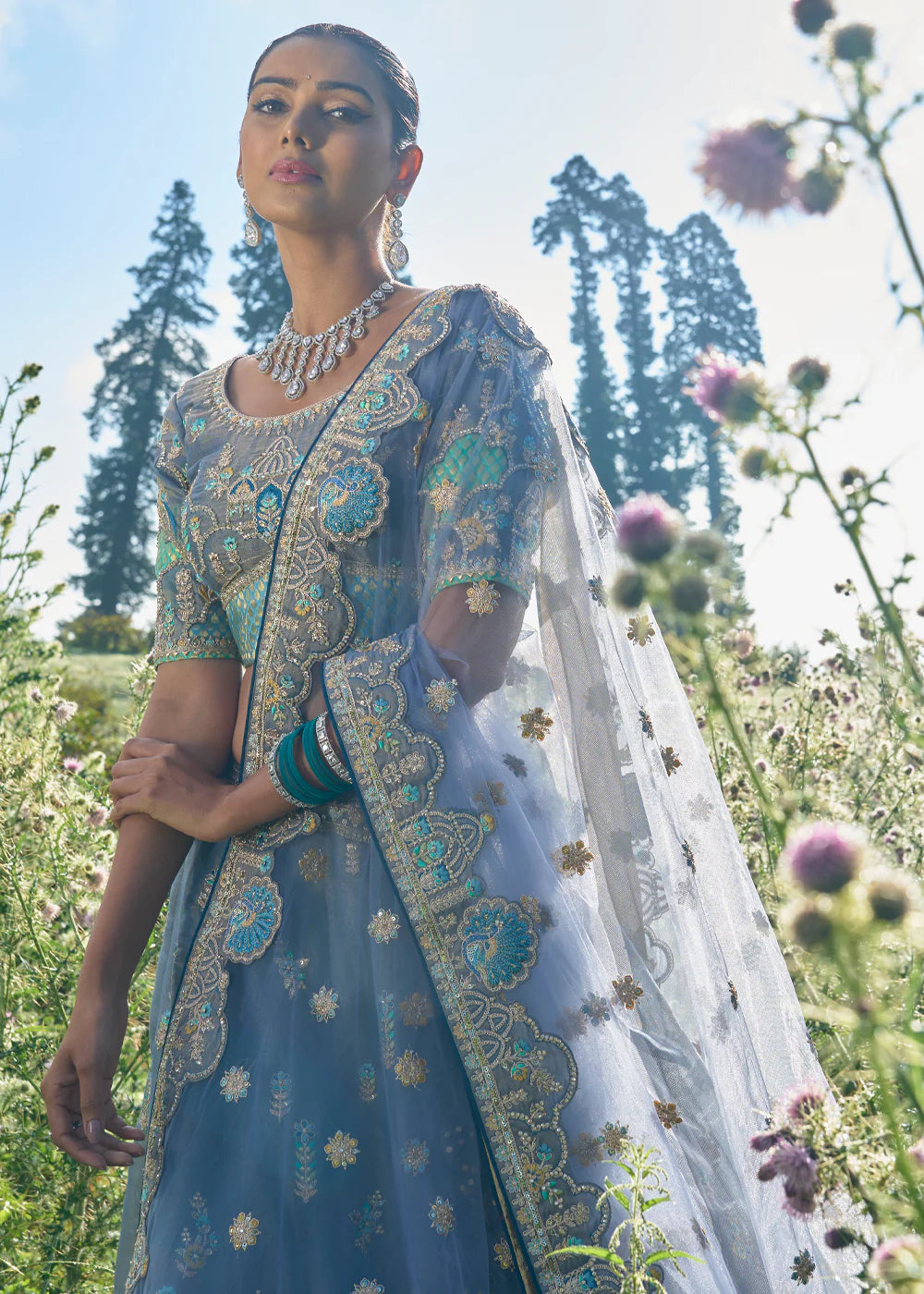 Elegant Grey Circular Lehenga Set in Tissue with Silk Blouse and Matching Dupatta