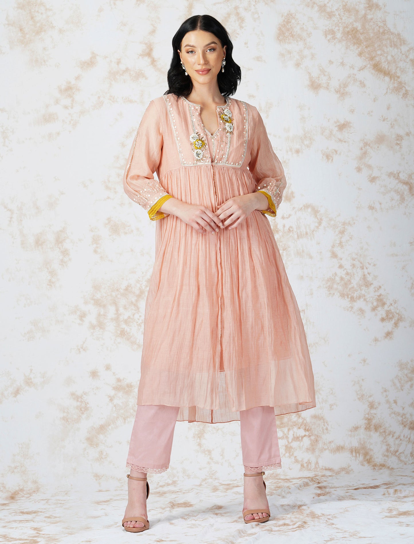 Natural Pink Baroque Flower Layered Kurta Set