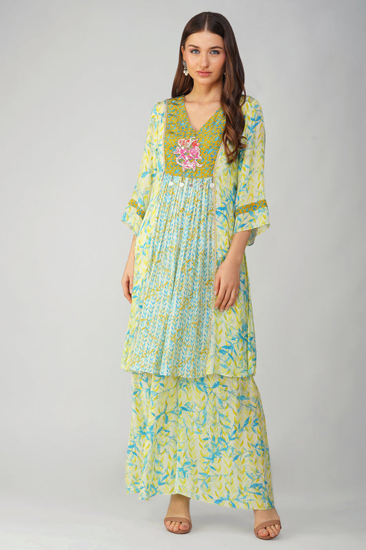 Leaf Print Panelled Yellow Tunic Set