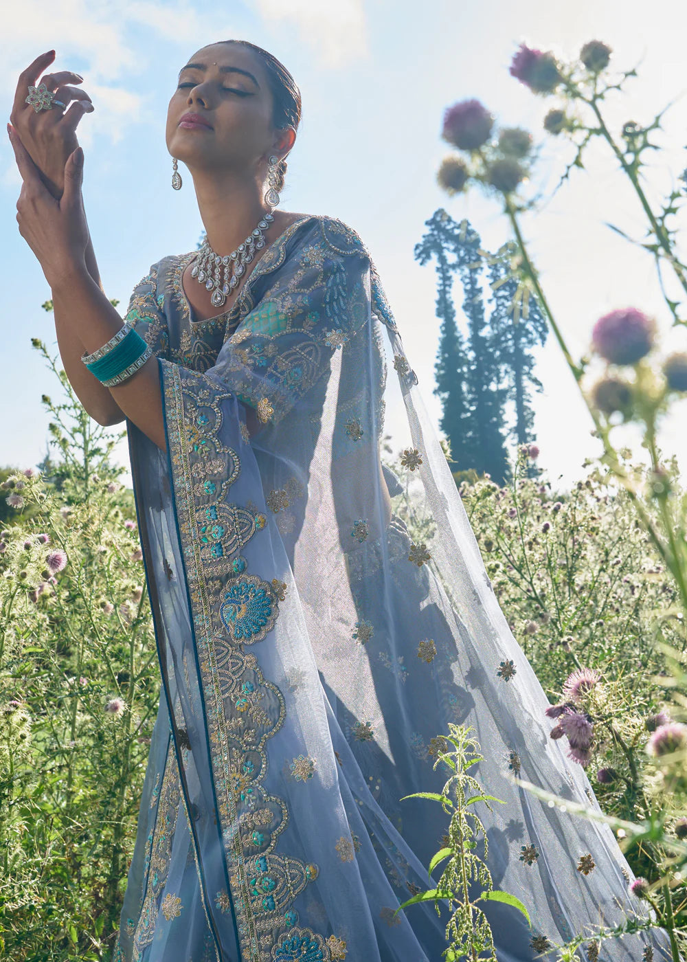 Elegant Grey Circular Lehenga Set in Tissue with Silk Blouse and Matching Dupatta