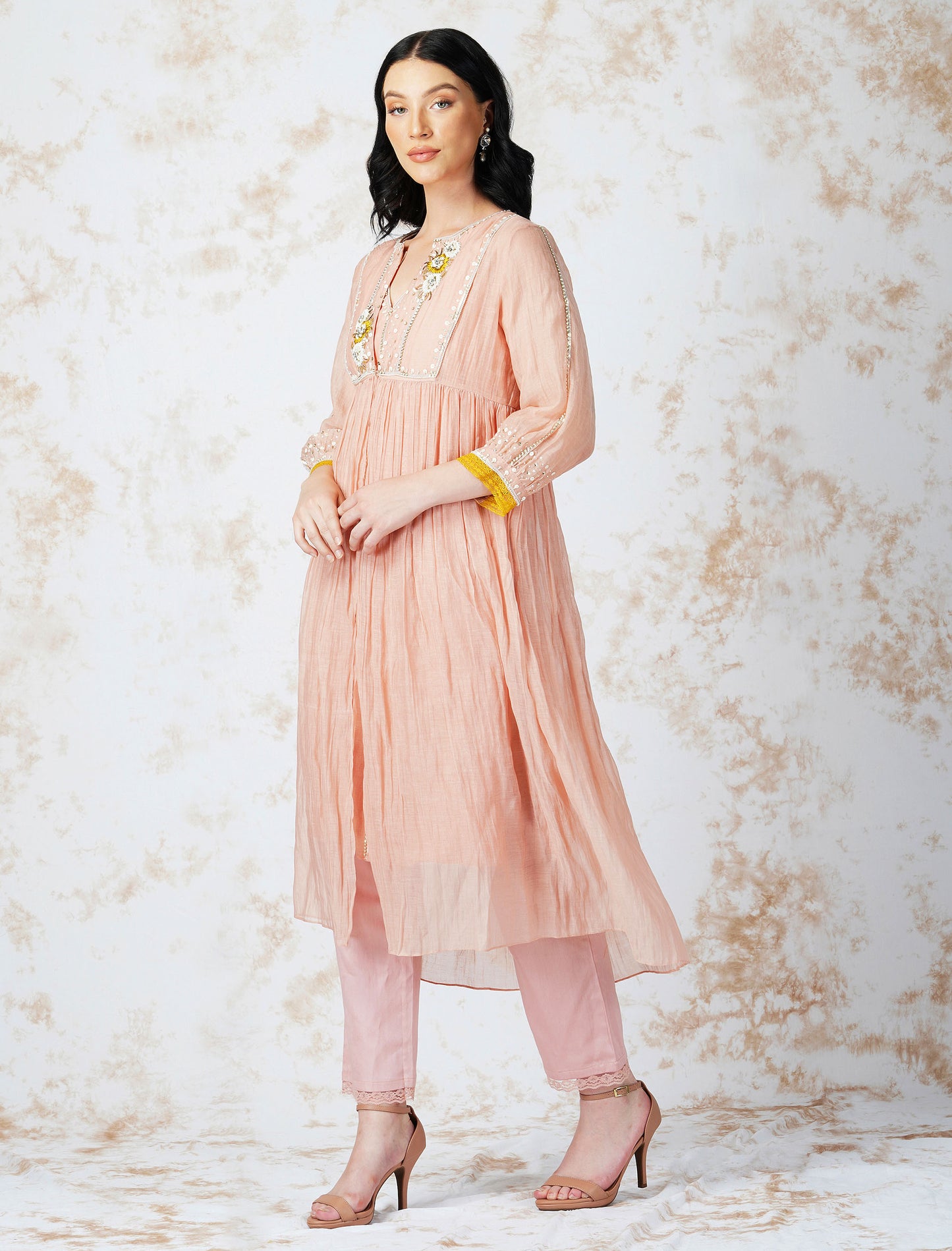 Natural Pink Baroque Flower Layered Kurta Set