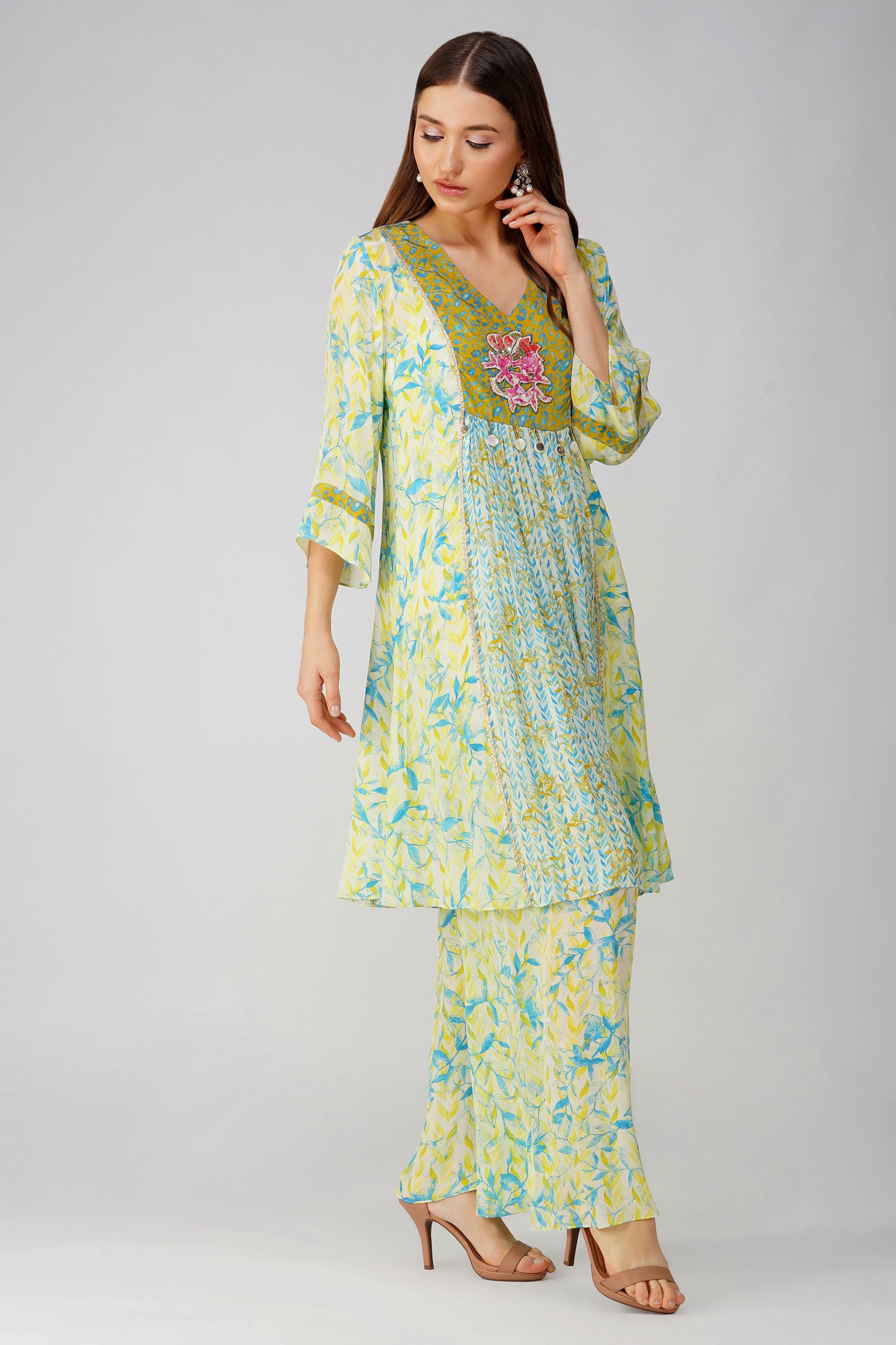 Leaf Print Panelled Yellow Tunic Set