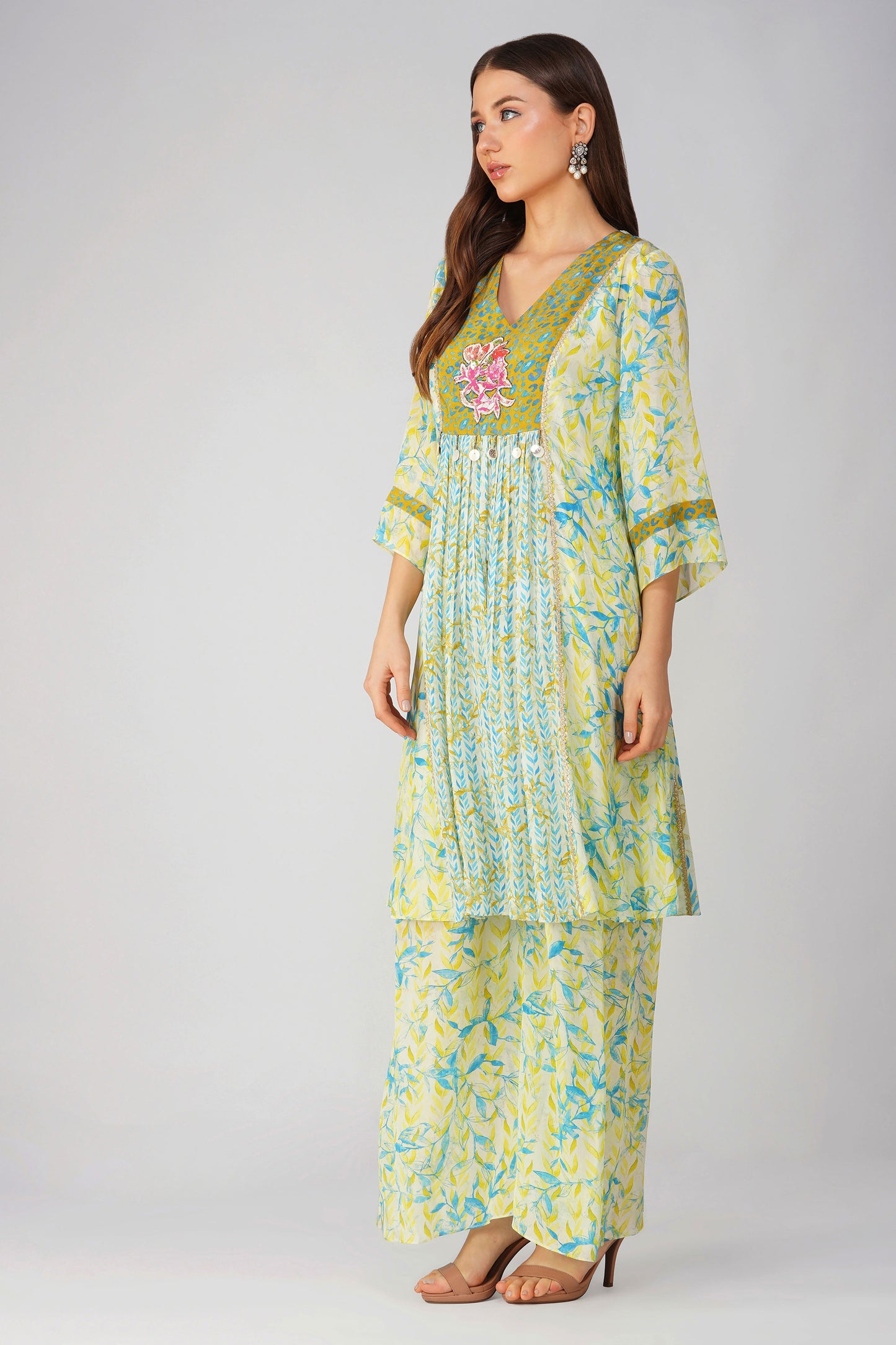 Leaf Print Panelled Yellow Tunic Set