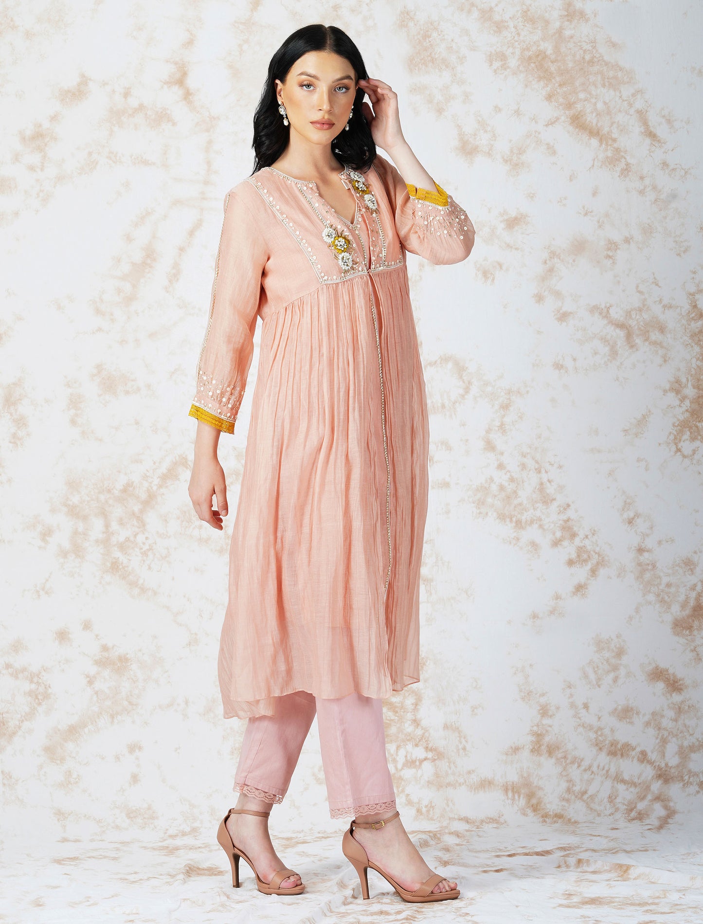 Natural Pink Baroque Flower Layered Kurta Set