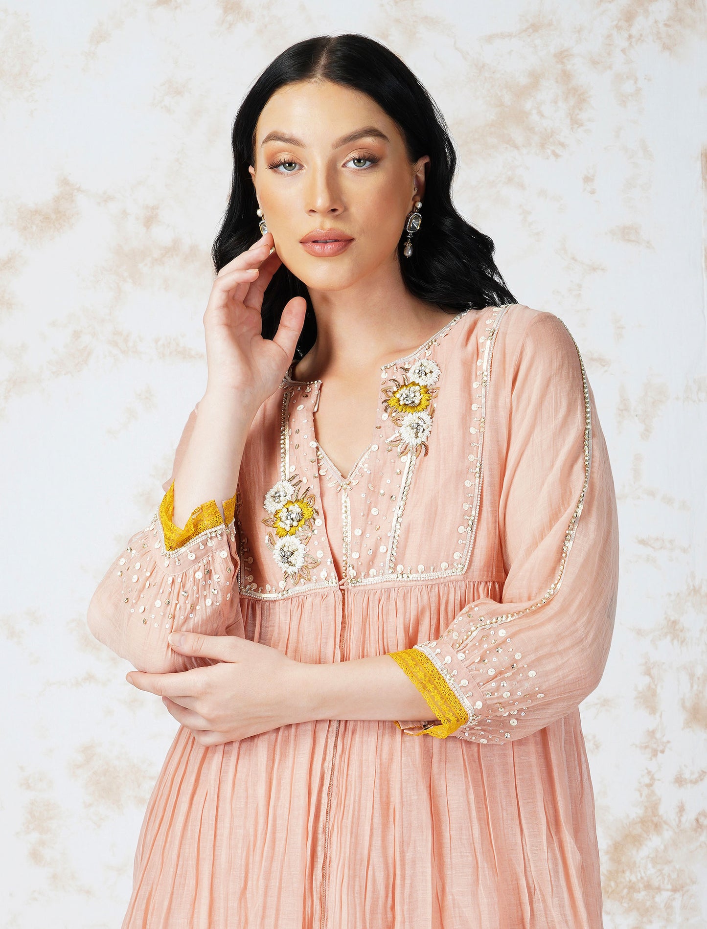 Natural Pink Baroque Flower Layered Kurta Set