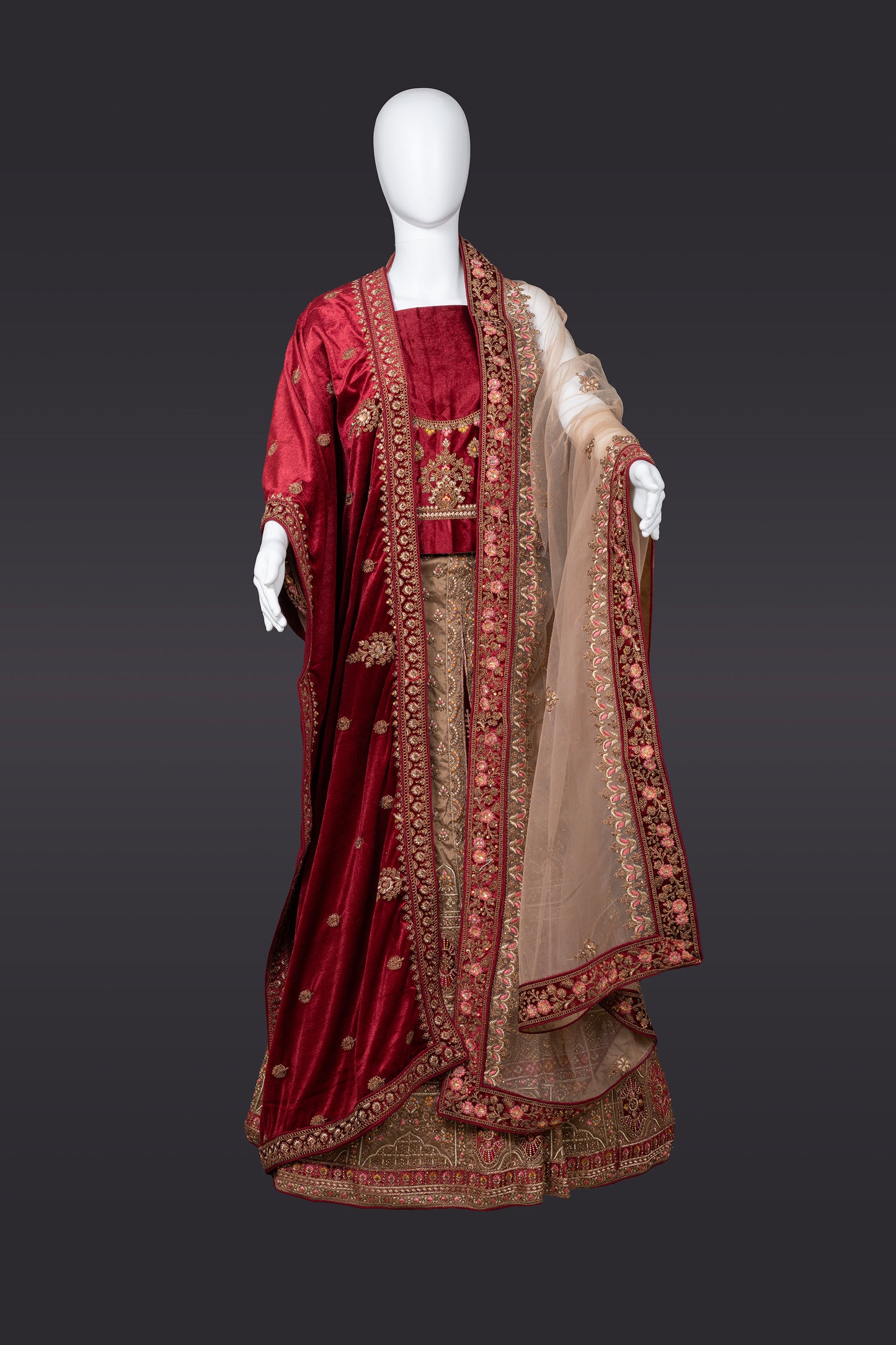 Maroon Gold Velvet Mohi Bridal Lehenga with Double Dupatta