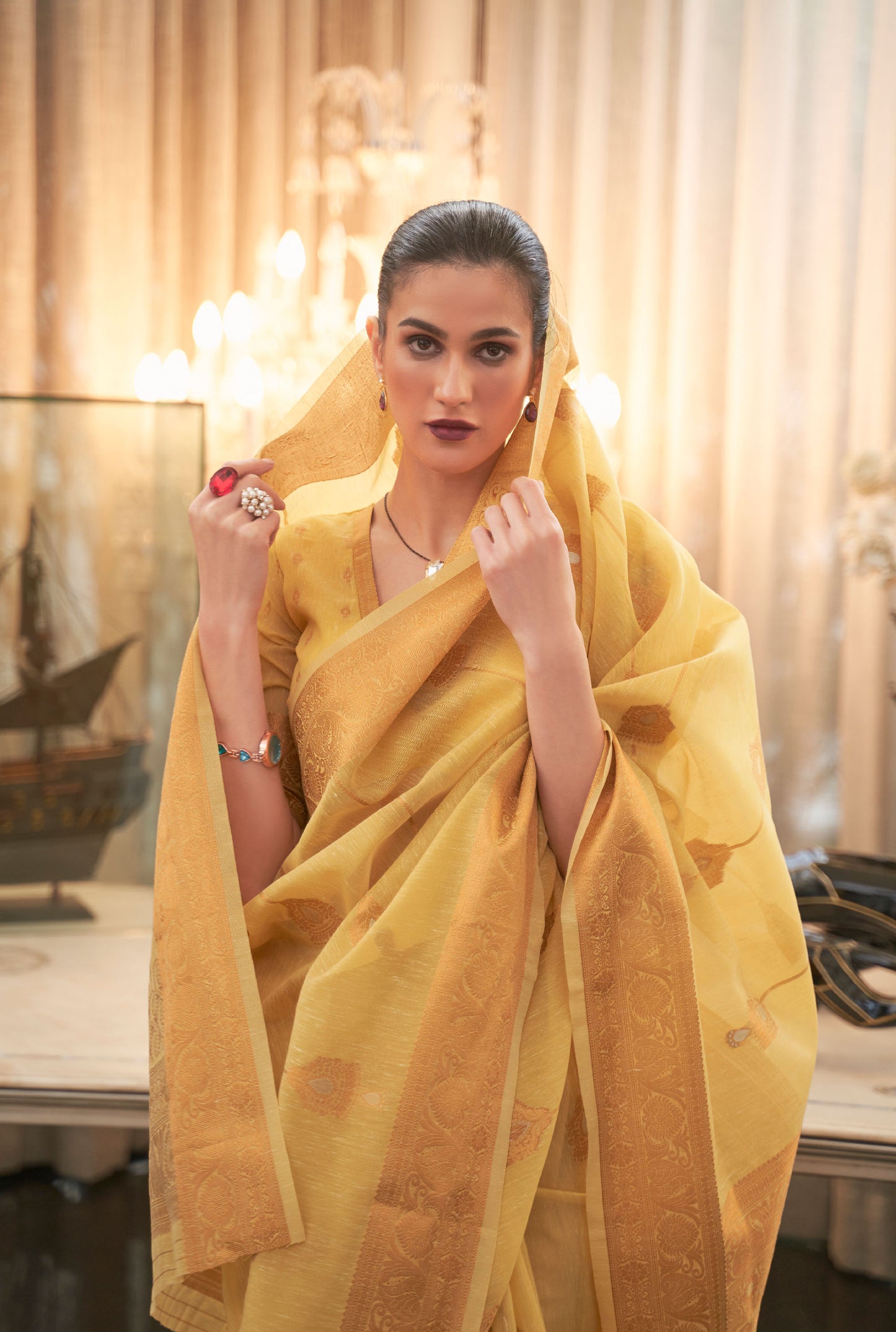 Yellow Kthiya Pure Linen Saree