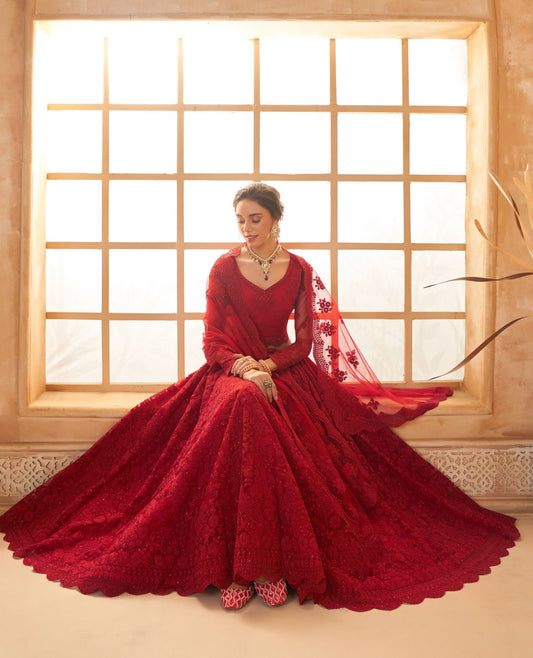 Red Heavy Cording Embroidered Net Bridal Lehenga Choli