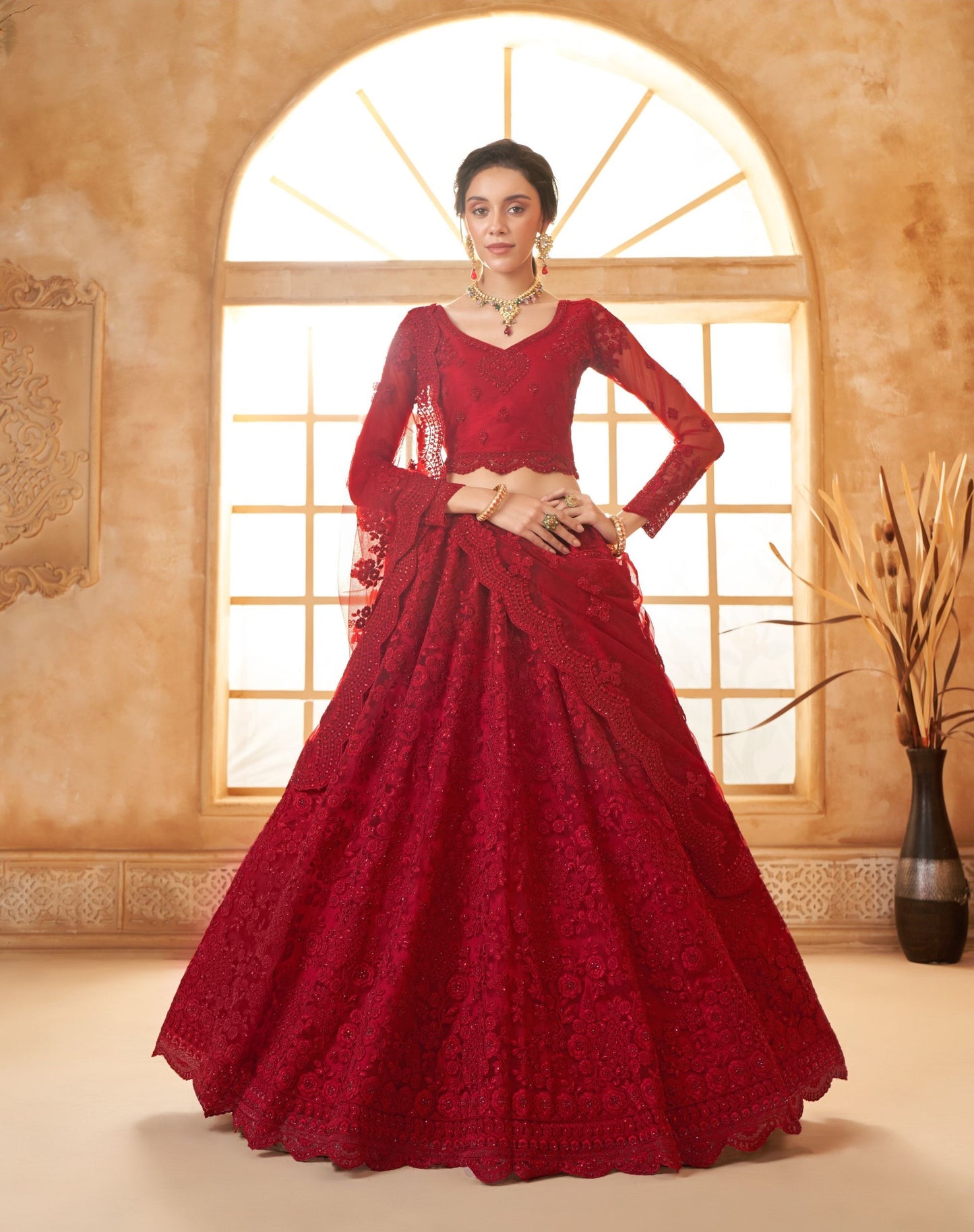 Red Heavy Cording Embroidered Net Bridal Lehenga Choli