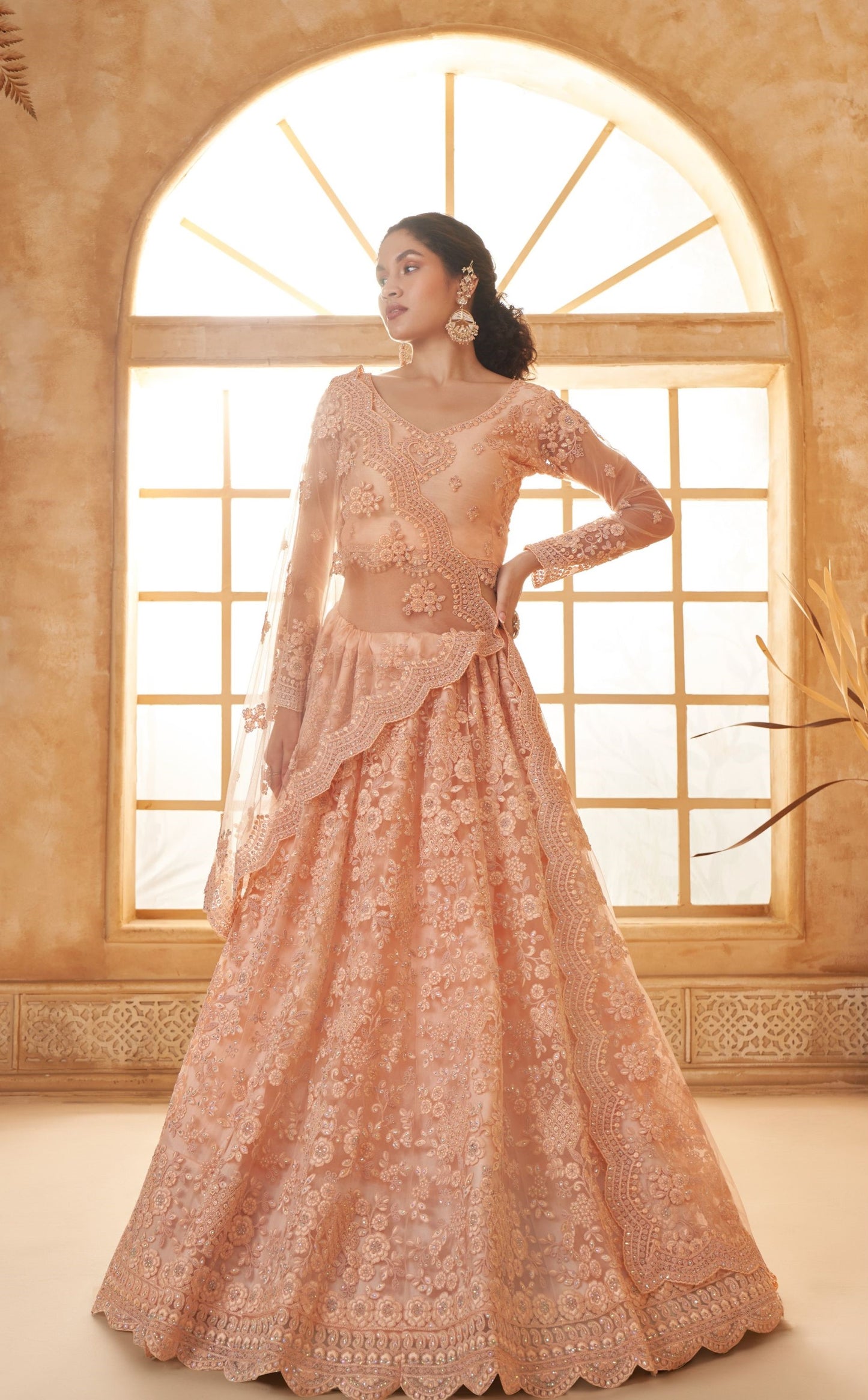 Peach Heavy Cording Embroidered Net Bridesmaid Lehenga Choli