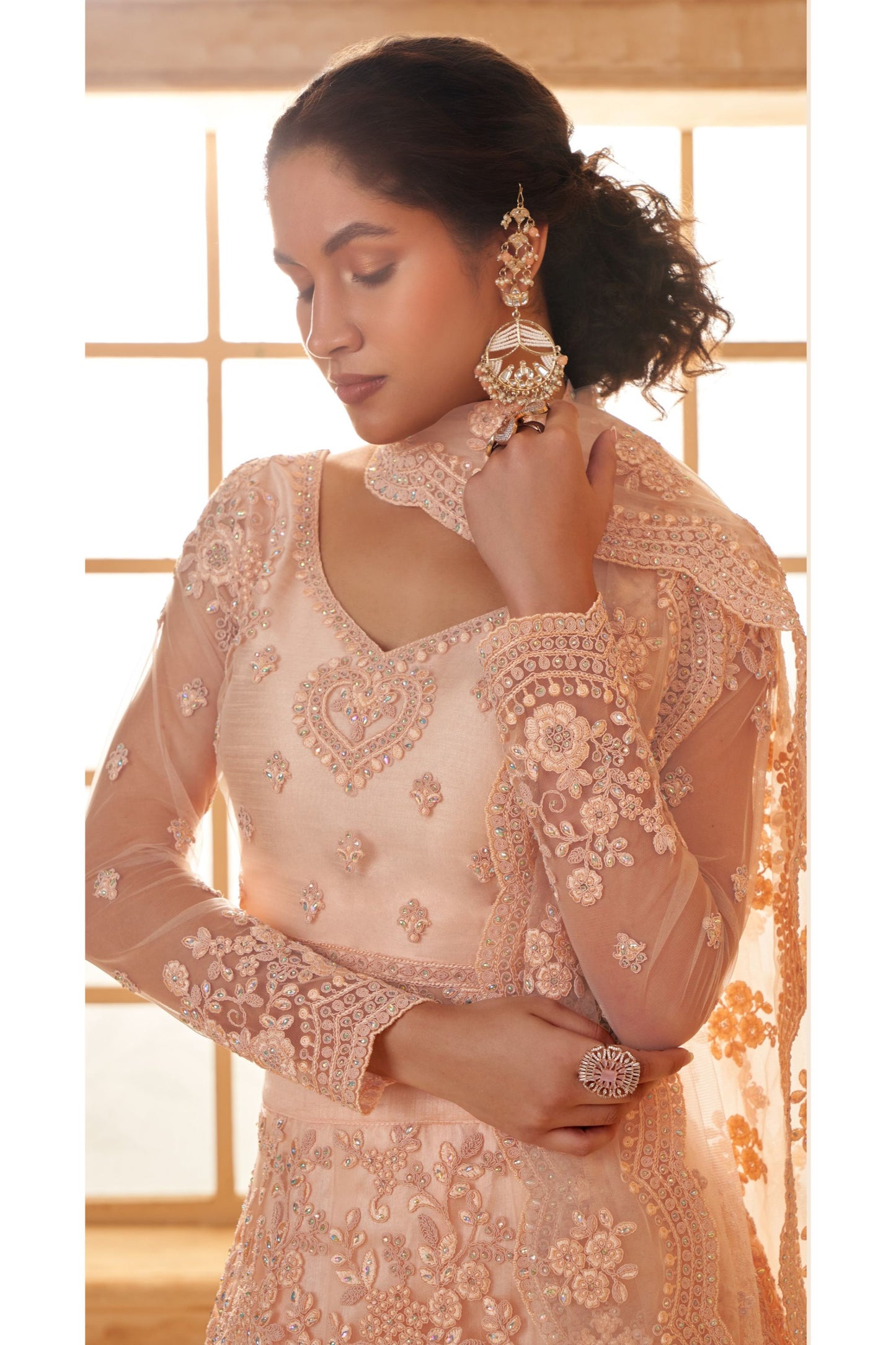 Peach Heavy Cording Embroidered Net Bridesmaid Lehenga Choli