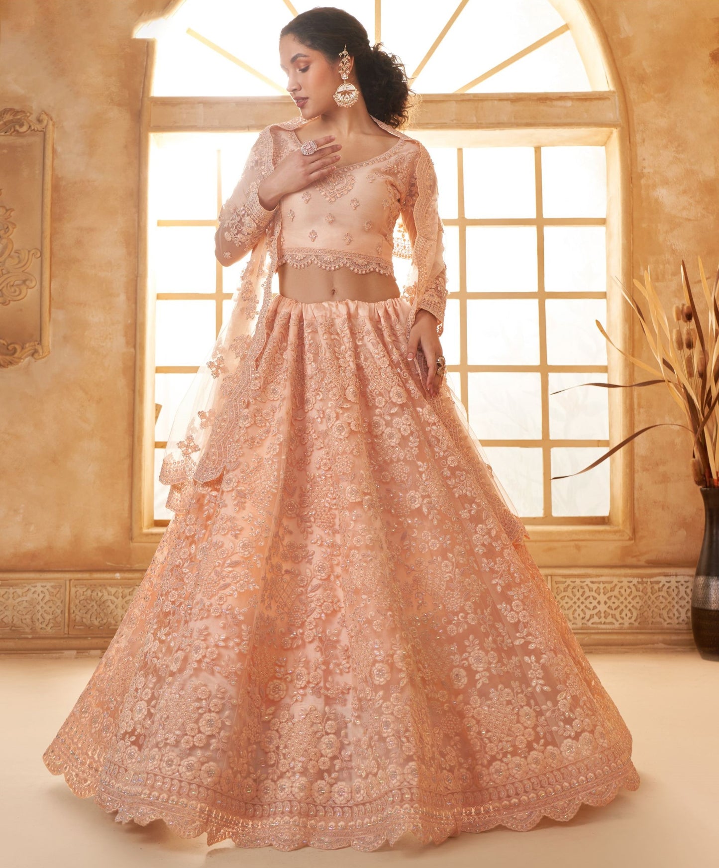 Peach Heavy Cording Embroidered Net Bridesmaid Lehenga Choli