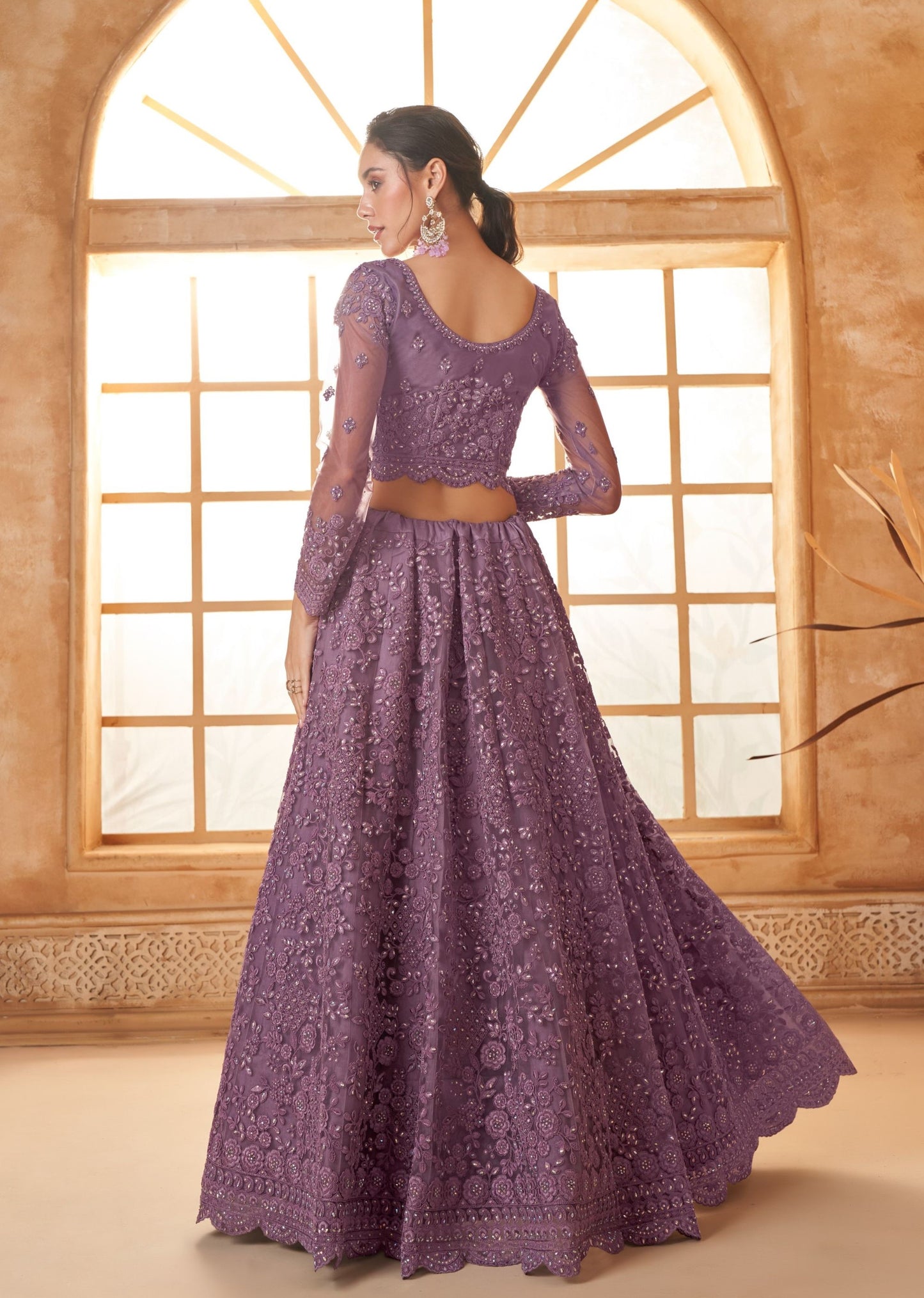 Purple Heavy Cording Embroidered Net Sangeet Lehenga Choli