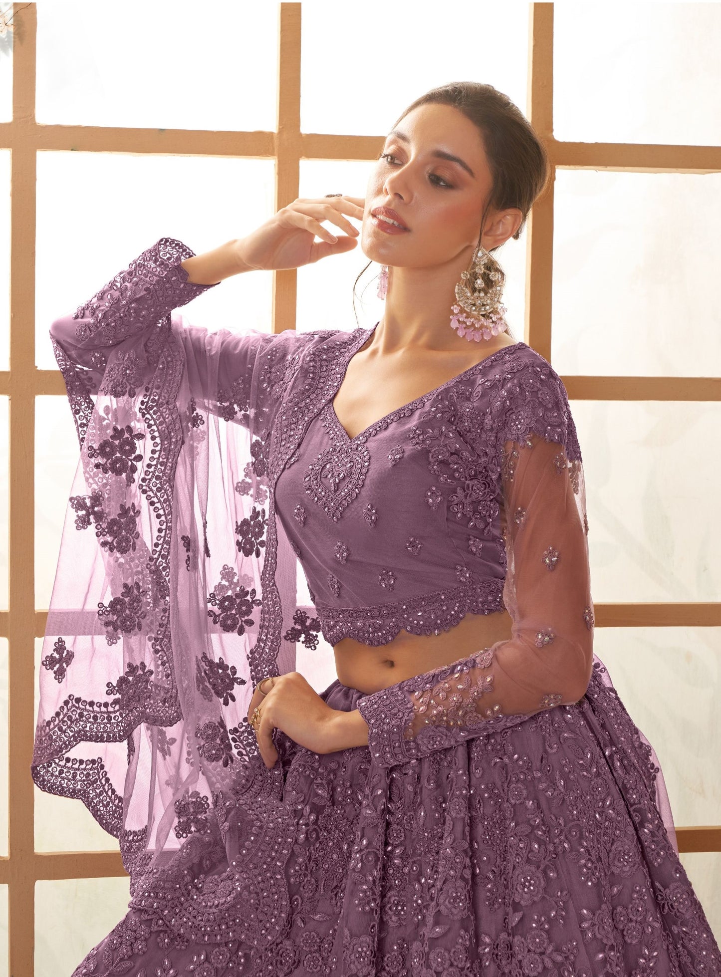 Purple Heavy Cording Embroidered Net Sangeet Lehenga Choli