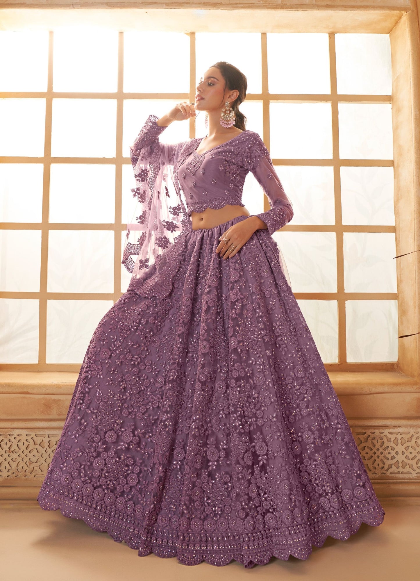 Purple Heavy Cording Embroidered Net Sangeet Lehenga Choli