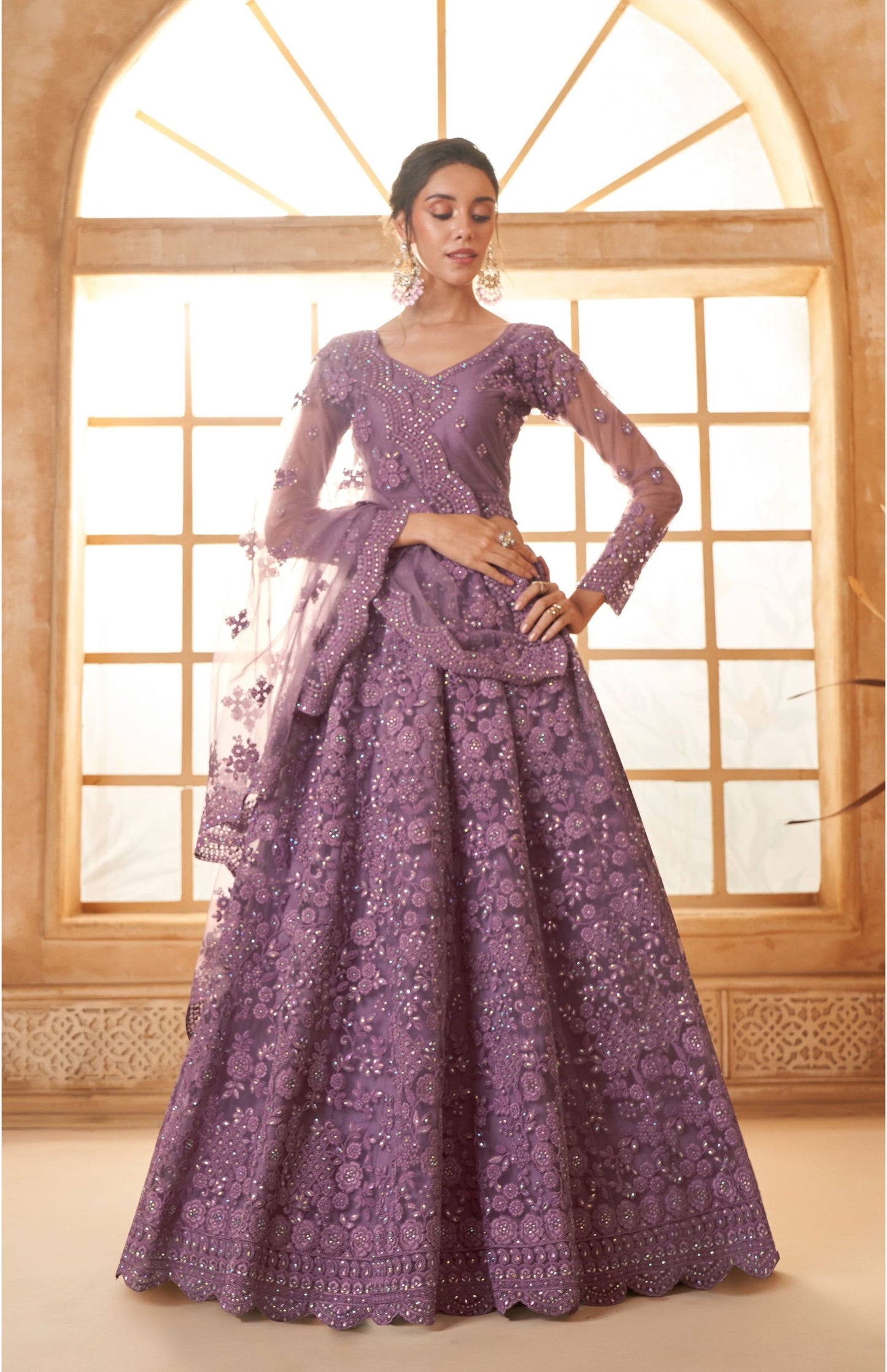 Purple Heavy Cording Embroidered Net Sangeet Lehenga Choli