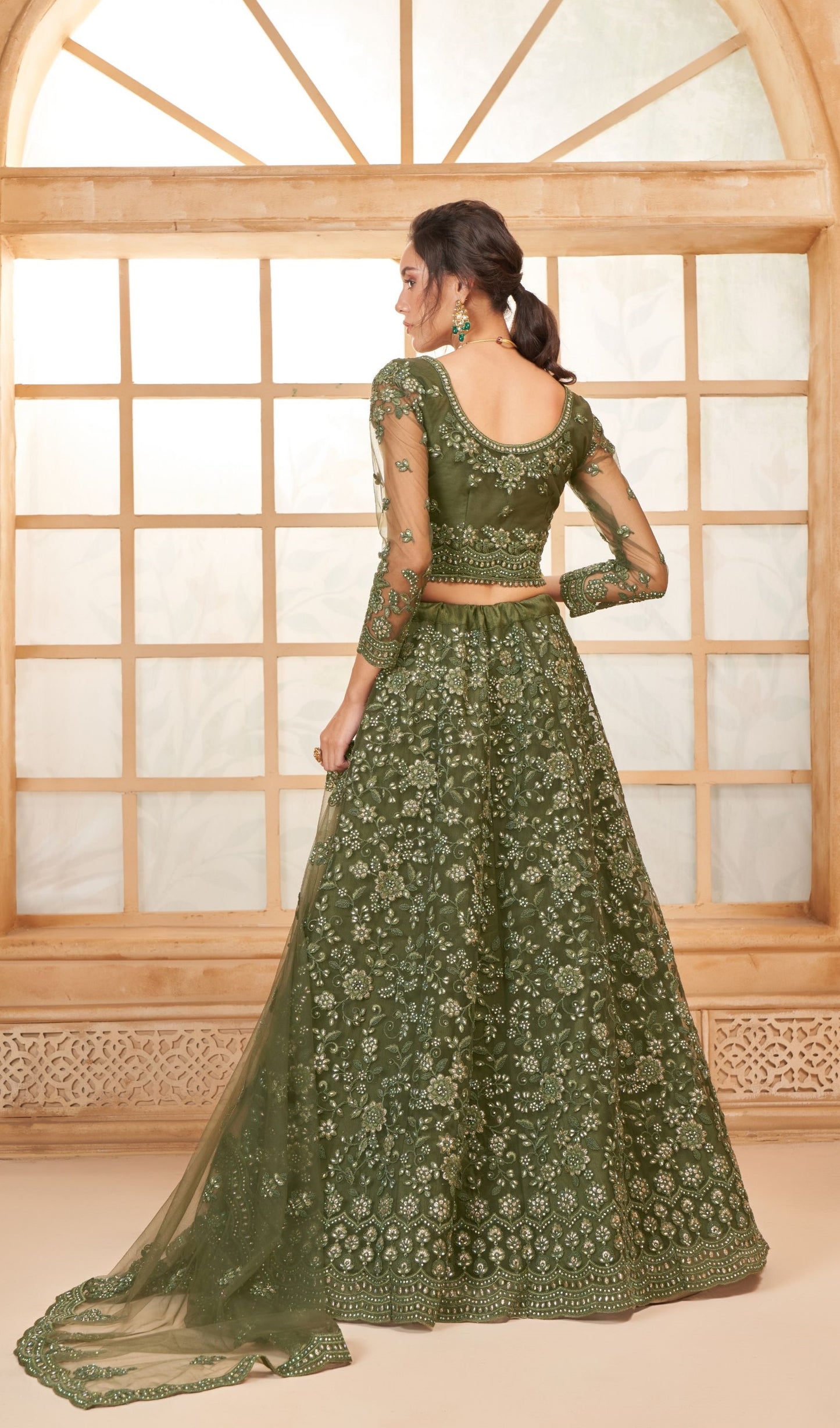 Mehendi Heavy Cording Embroidered Net Lehenga Choli