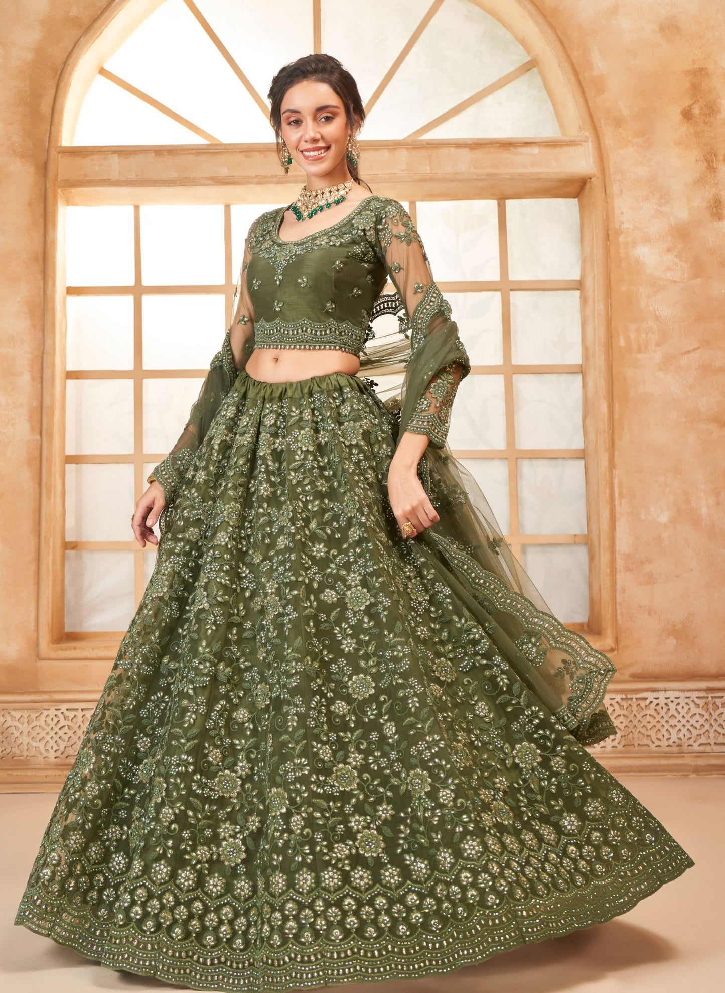 Mehendi Heavy Cording Embroidered Net Lehenga Choli