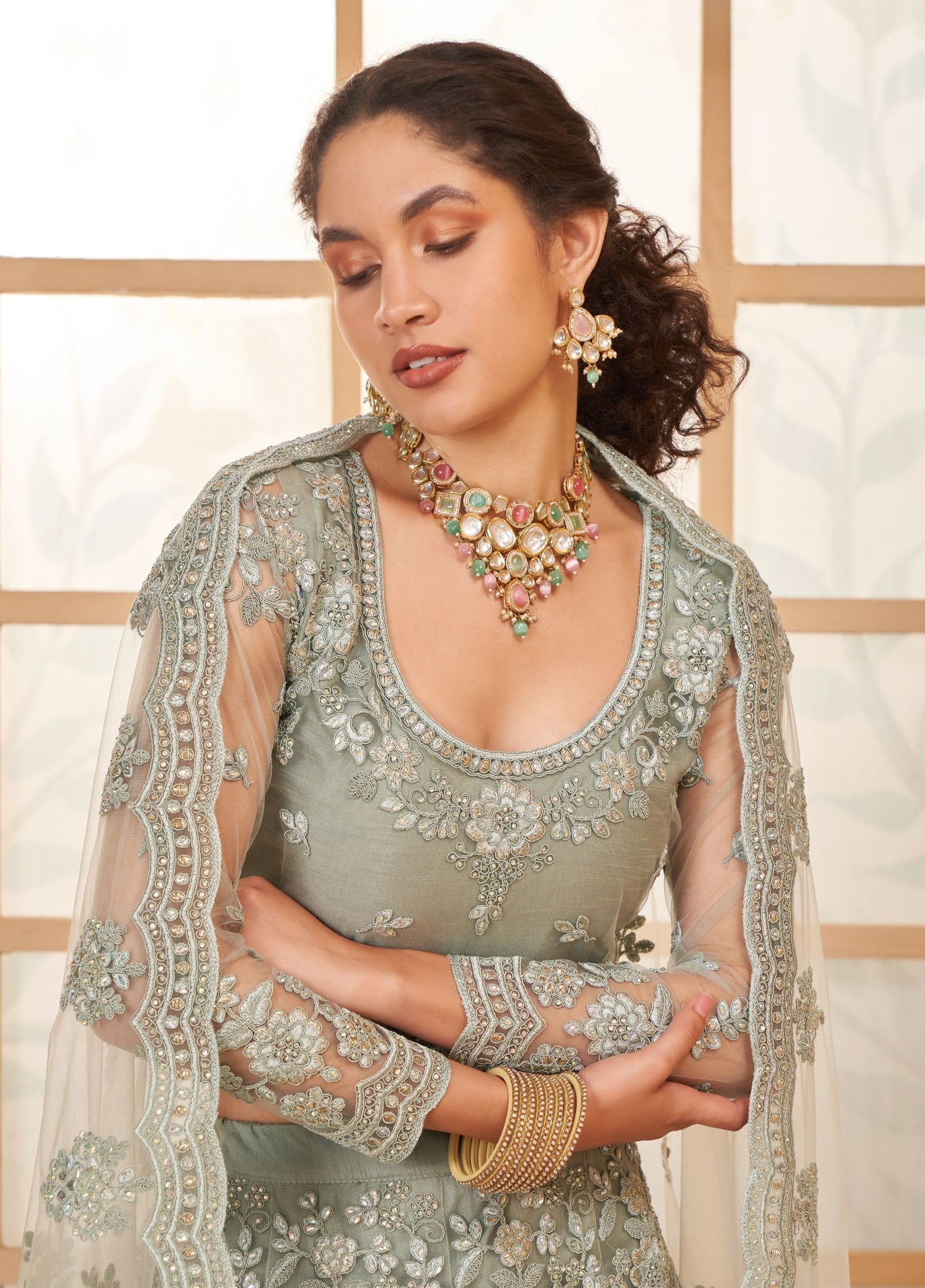 Grey Heavy Cording Embroidered Net Reception Lehenga Choli