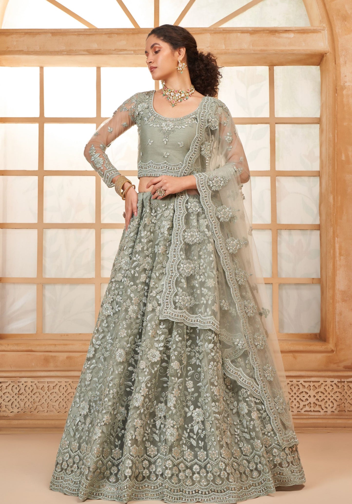 Grey Heavy Cording Embroidered Net Reception Lehenga Choli