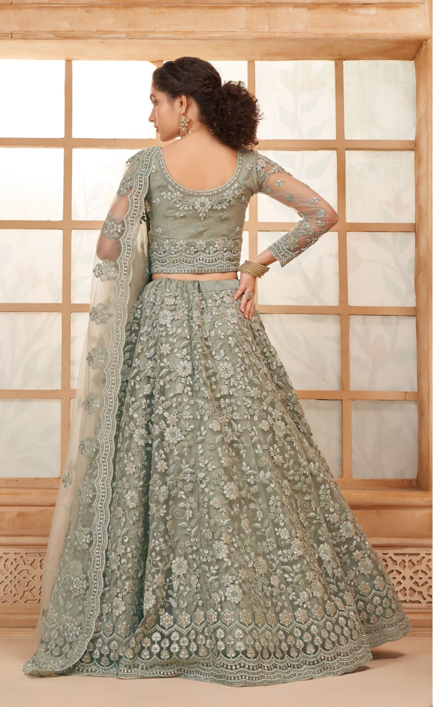 Grey Heavy Cording Embroidered Net Reception Lehenga Choli