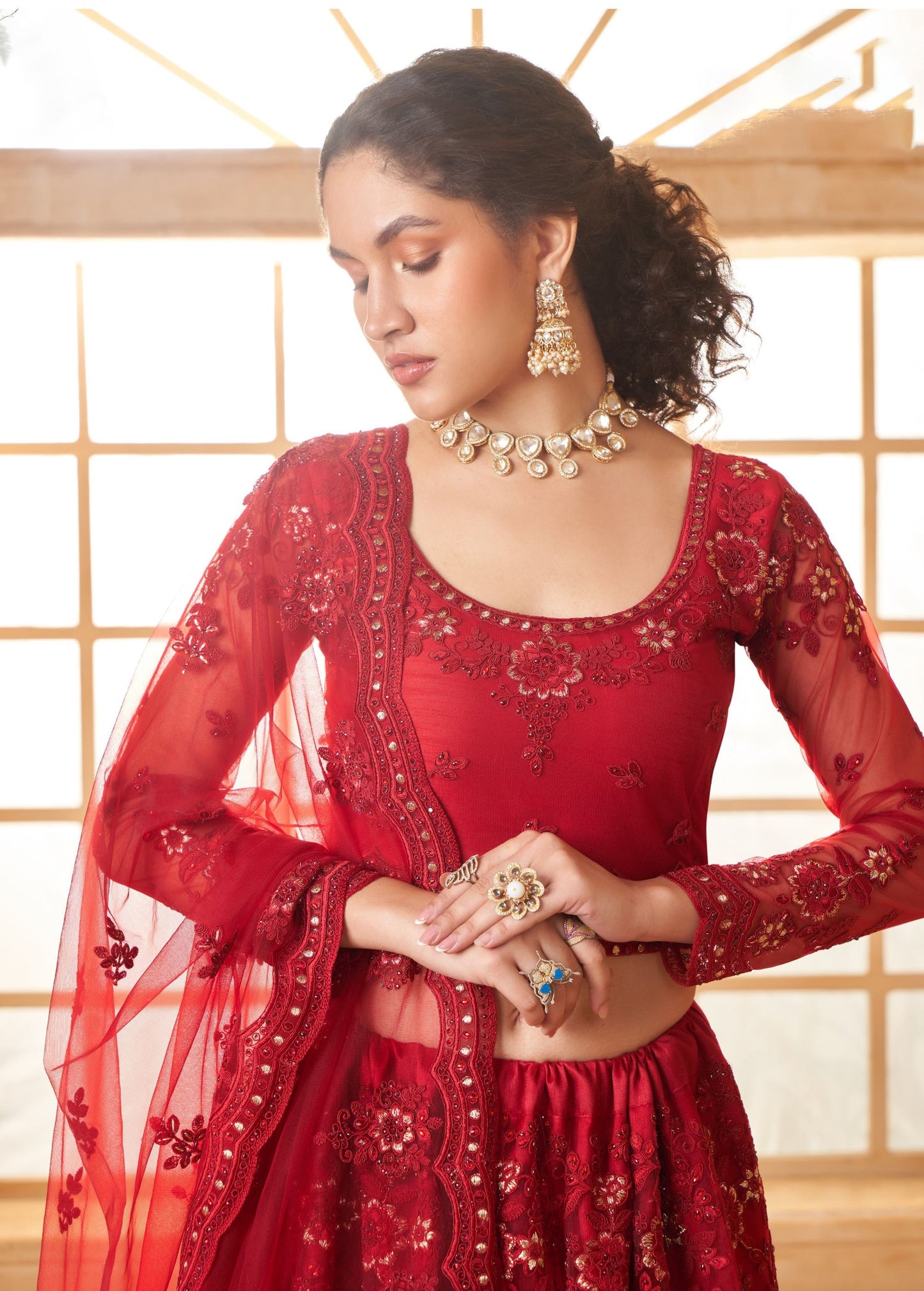 Deep Red Heavy Cording & Floral Embroidered Net Bridal Lehenga Choli