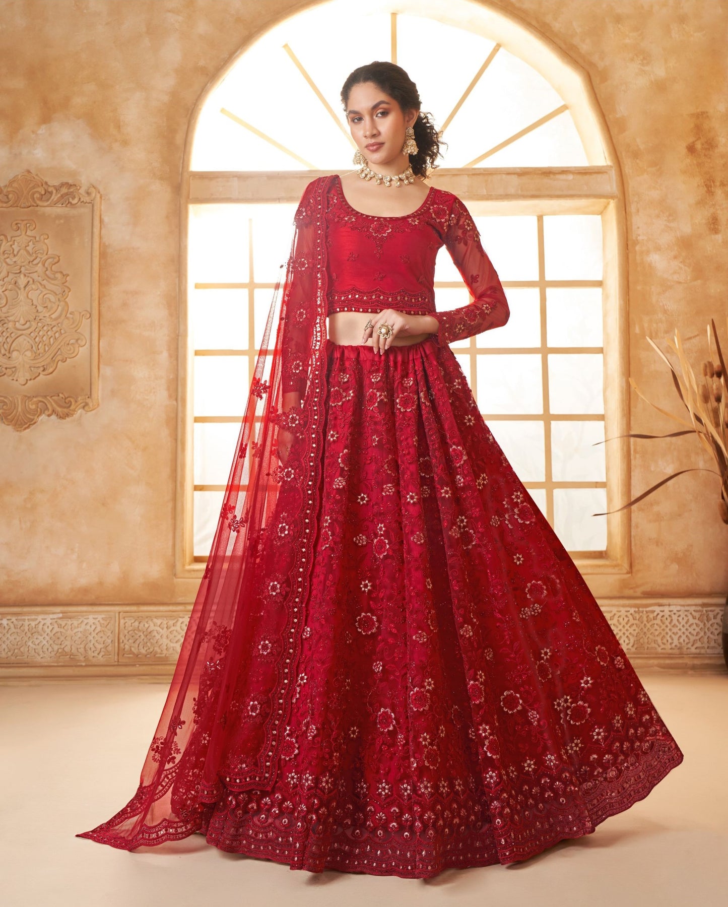 Deep Red Heavy Cording & Floral Embroidered Net Bridal Lehenga Choli