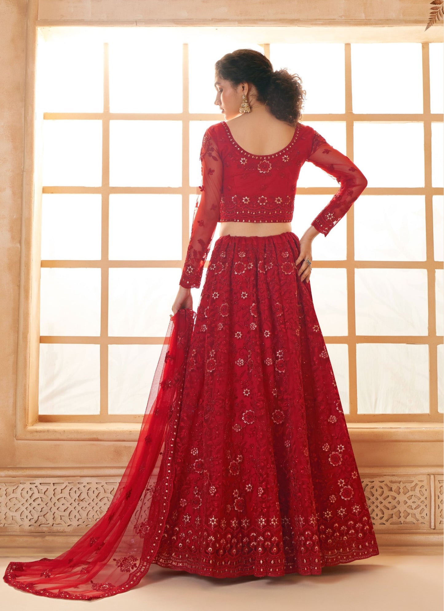 Deep Red Heavy Cording & Floral Embroidered Net Bridal Lehenga Choli