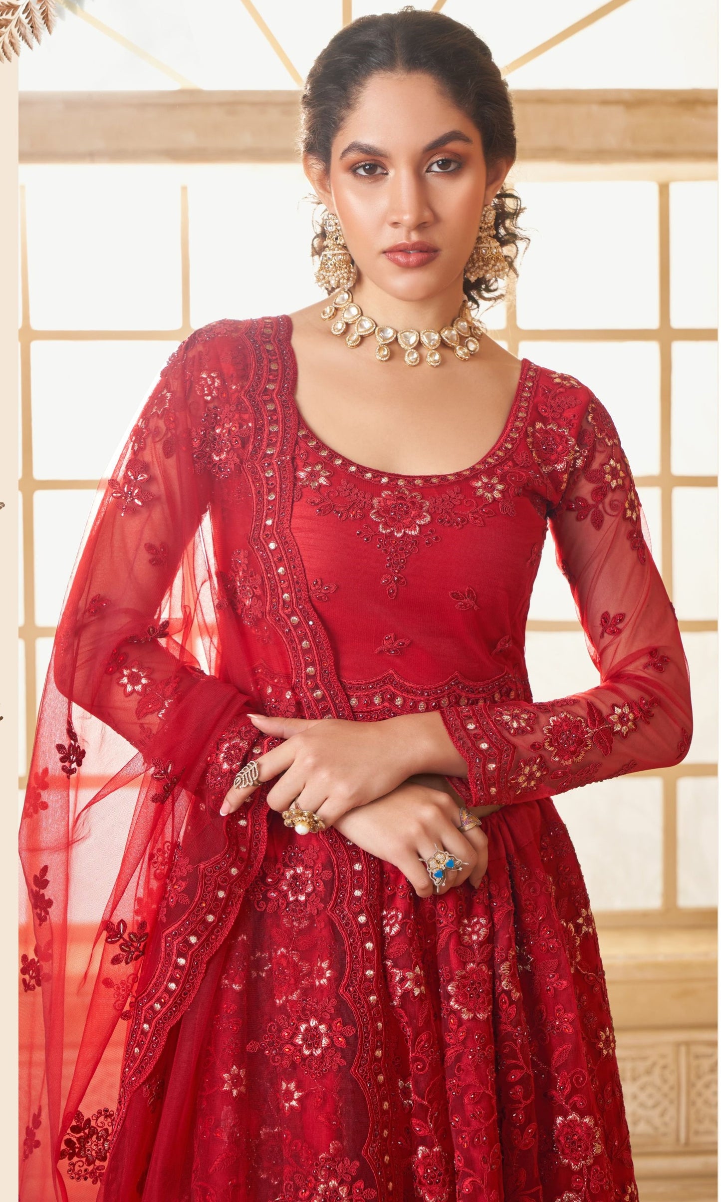 Deep Red Heavy Cording & Floral Embroidered Net Bridal Lehenga Choli