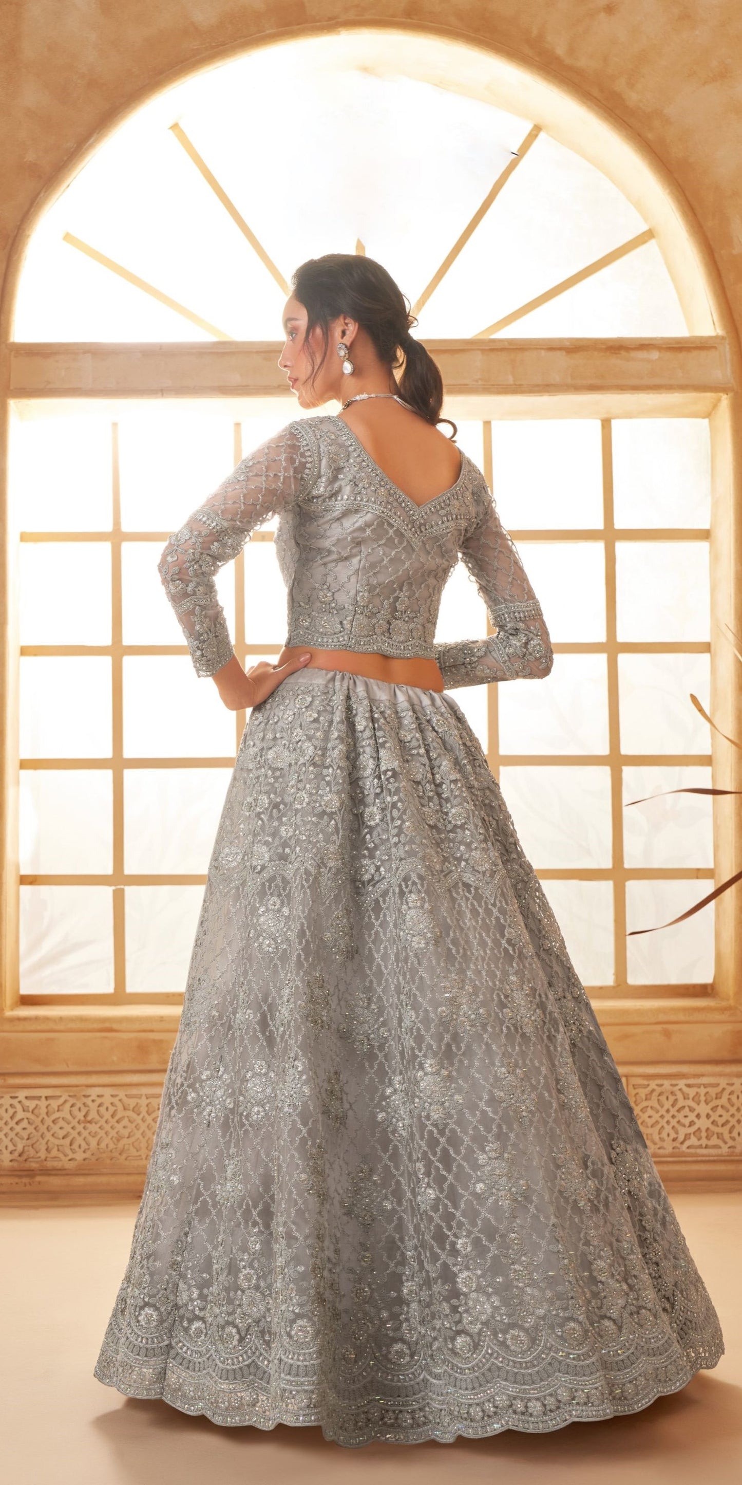 Light Grey Heavy Diamond & Floral Embroidered Net Lehenga Choli